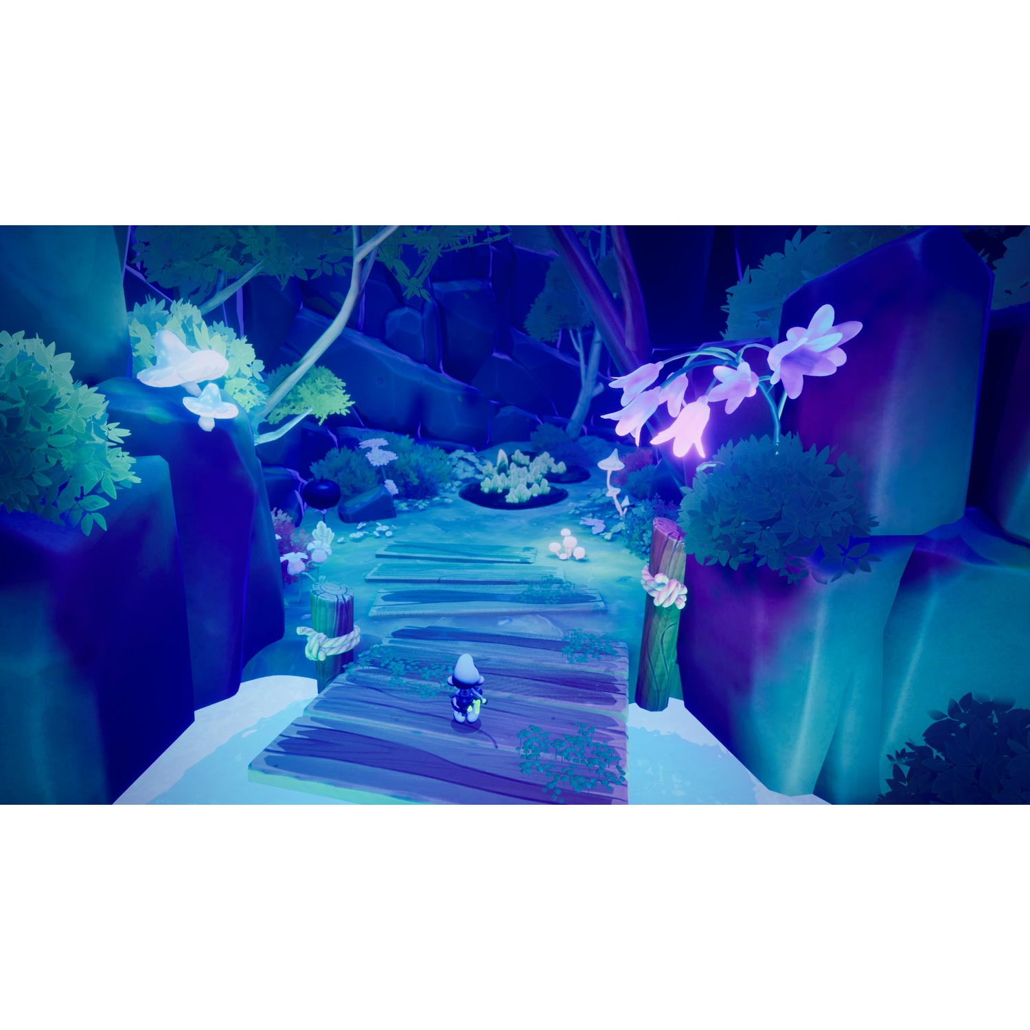 A small figure stands on a wooden bridge in a dark, magical forest landscape with glowing plants.