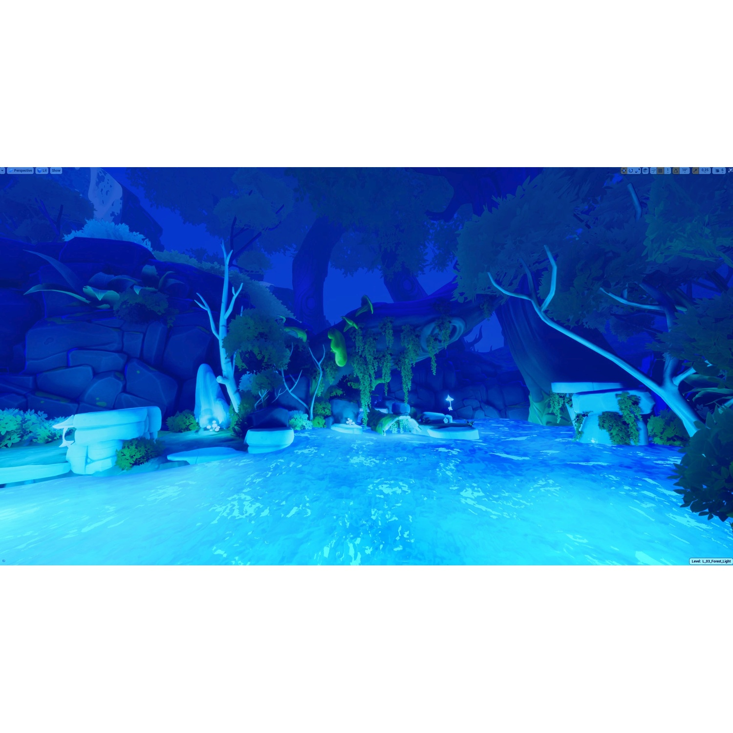 A blue lit fantasy forest scene featuring rocks, trees, and water.