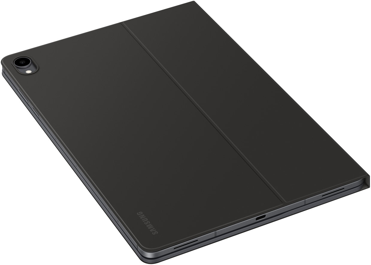Egy szürke tablet védőtokkal és kamerával a hátoldalán, fehér háttér előtt.