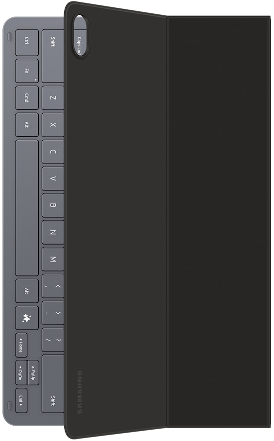 Egy szürke tablet billentyűzettok fekete fedéllel és Samsung logóval.