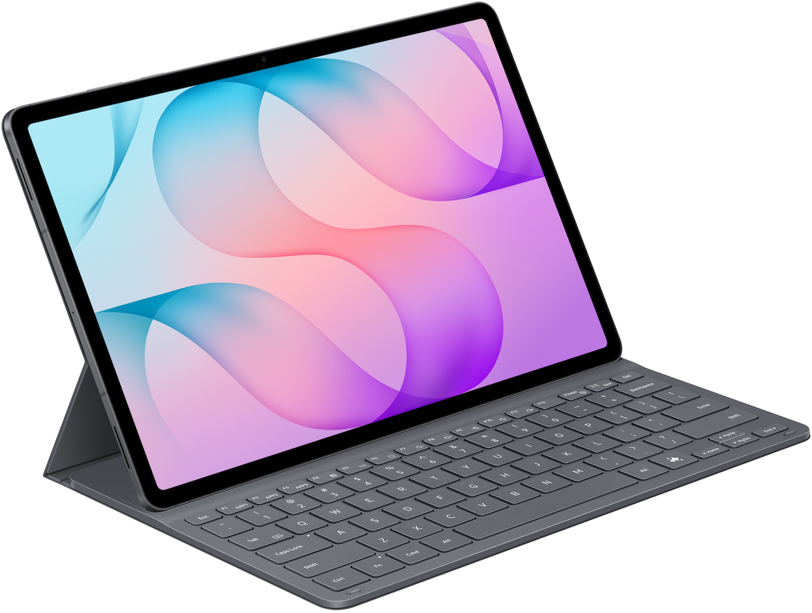 Sötét táblagép színes absztrakt kijelzővel, szürke billentyűzet-tokhoz csatlakoztatva fehér háttér előtt.