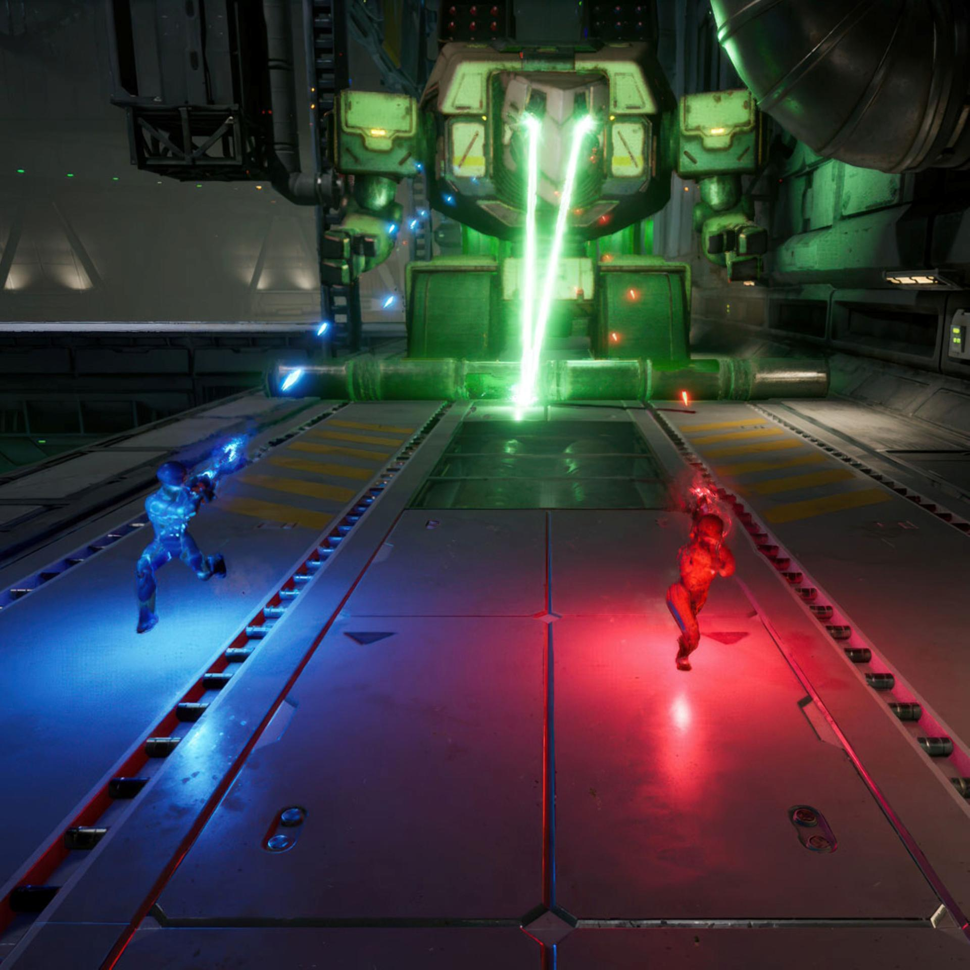 Blaue und rote gestalt rennen vor einem großen roboter, der grüne laser schießt, in einer sci-fi-fabrik.