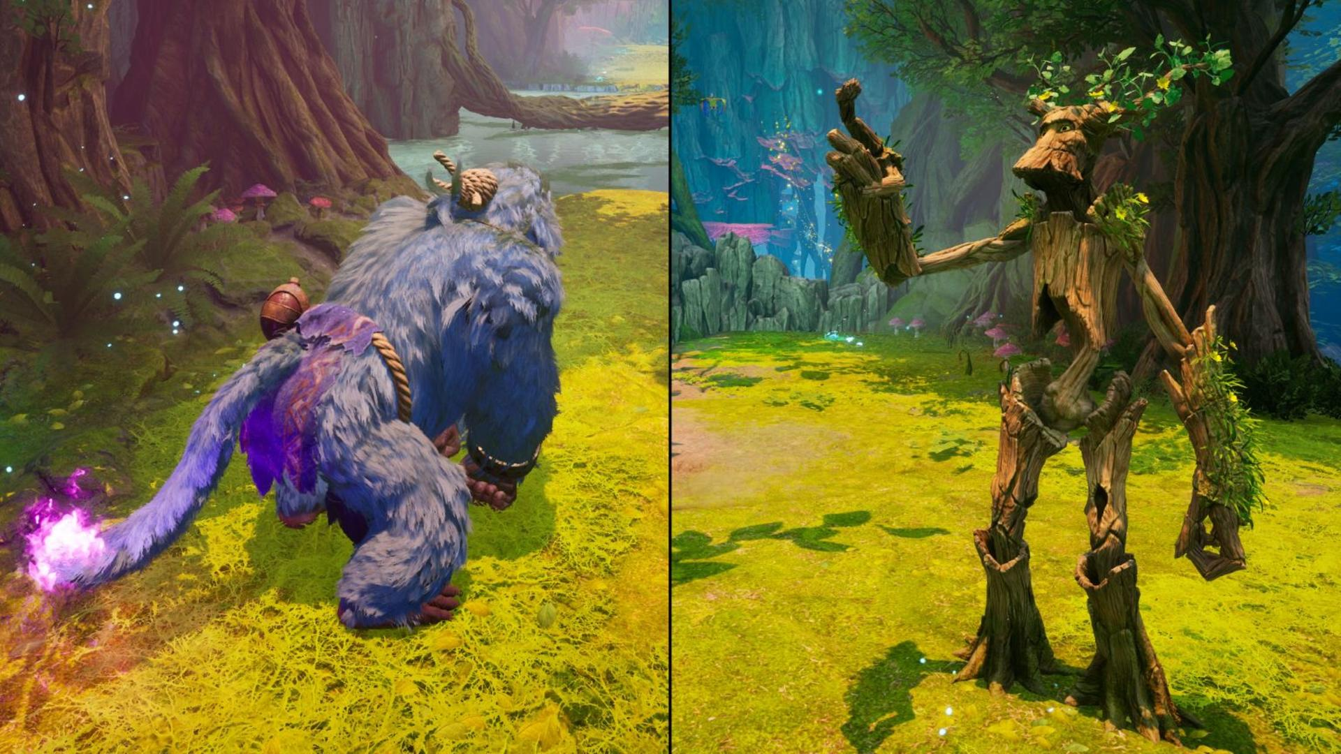 Ein gespaltenes Bild zeigt links ein blaues Monster und rechts eine Kreatur aus Holz in einem grünen Wald.