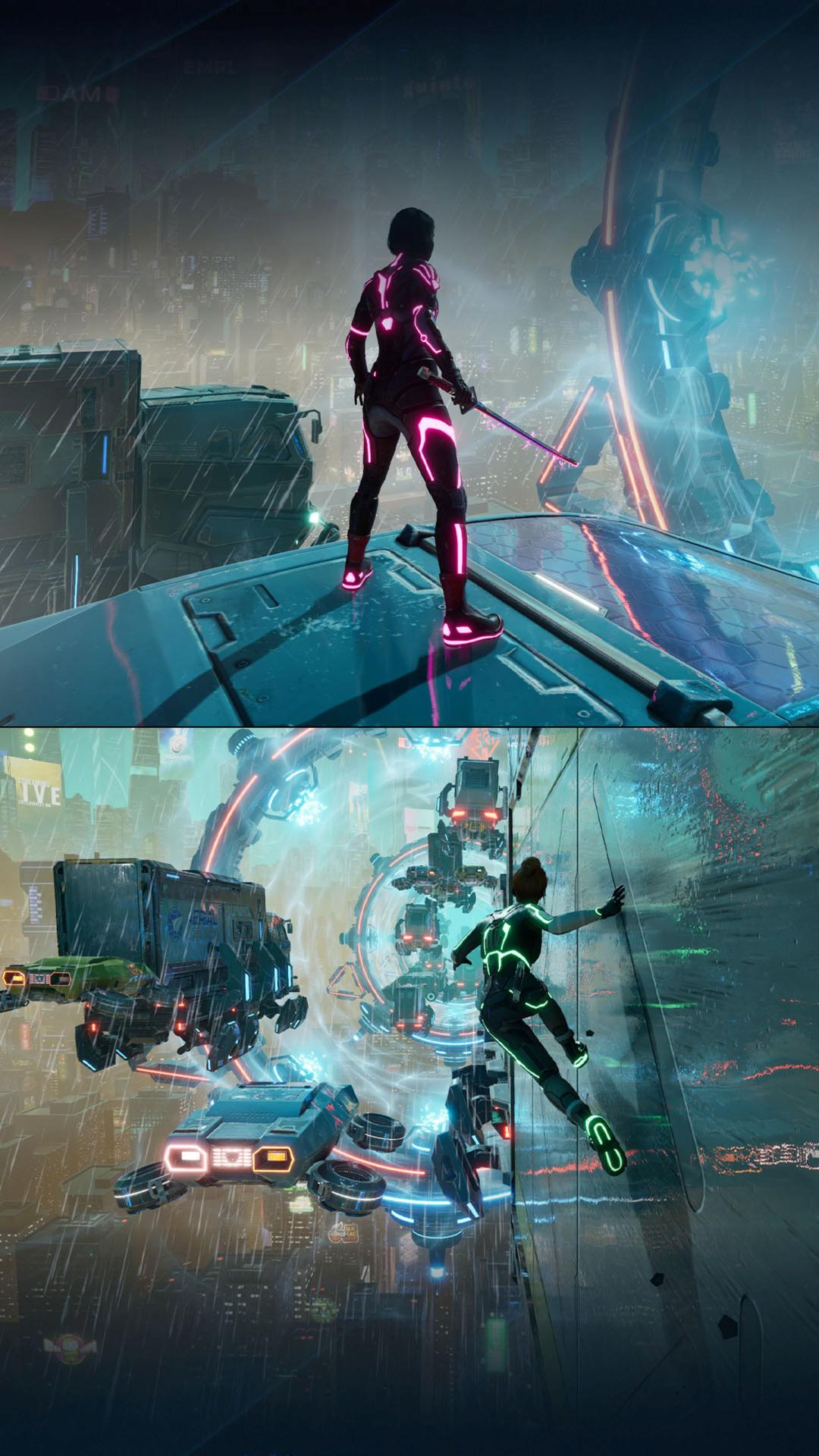 Cyberpunk-Szene mit einer Figur im Anzug auf einem regnerischen Dach und einer weiteren Figur, die an einer Wand klettert.
