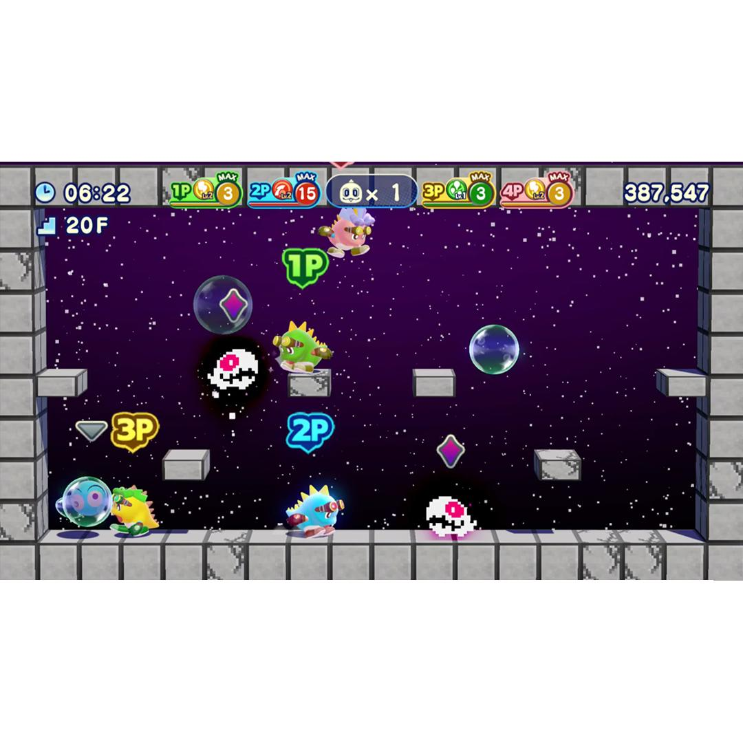 Pixelart-Spielszene im Weltraum mit bunten Charakteren, Plattformen und HUD am oberen Rand.