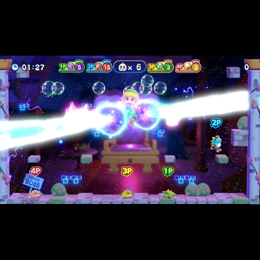 Ein Videospiel-Bildschirm zeigt eine bunte Fantasiewelt mit Charakteren und Lichteffekten.
