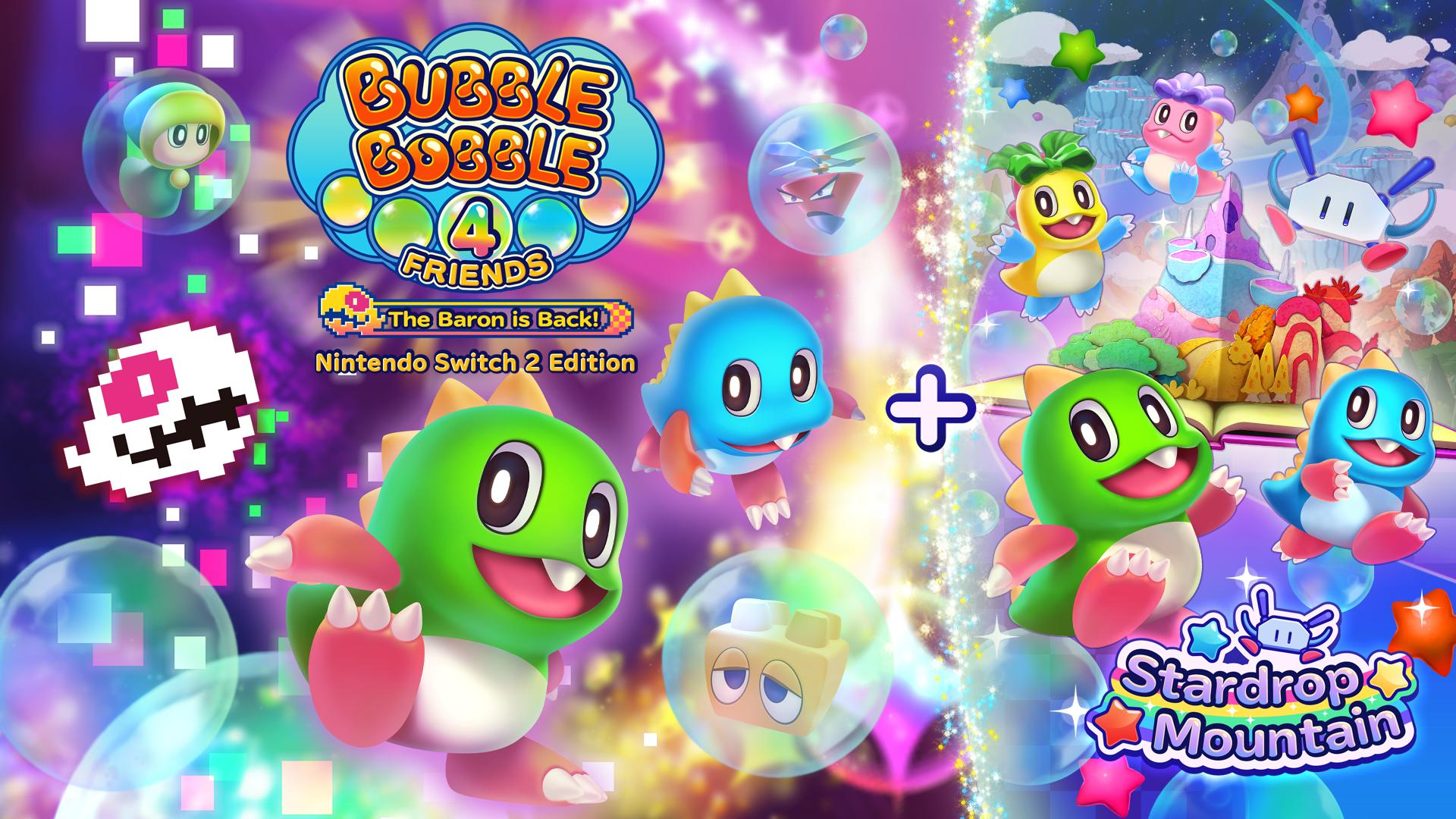 Bunte Spielfiguren und Drachen auf einem farbenfrohen Werbebanner für Bubble Bobble 4 Friends.