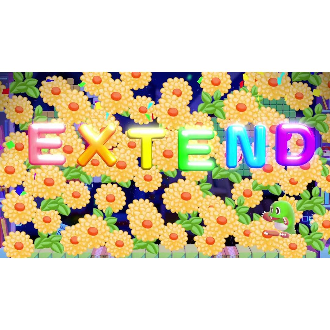 Buntes Wort EXTEND vor vielen gelben Blumen und grünen Blättern mit einer kleinen grünen Kreatur rechts.