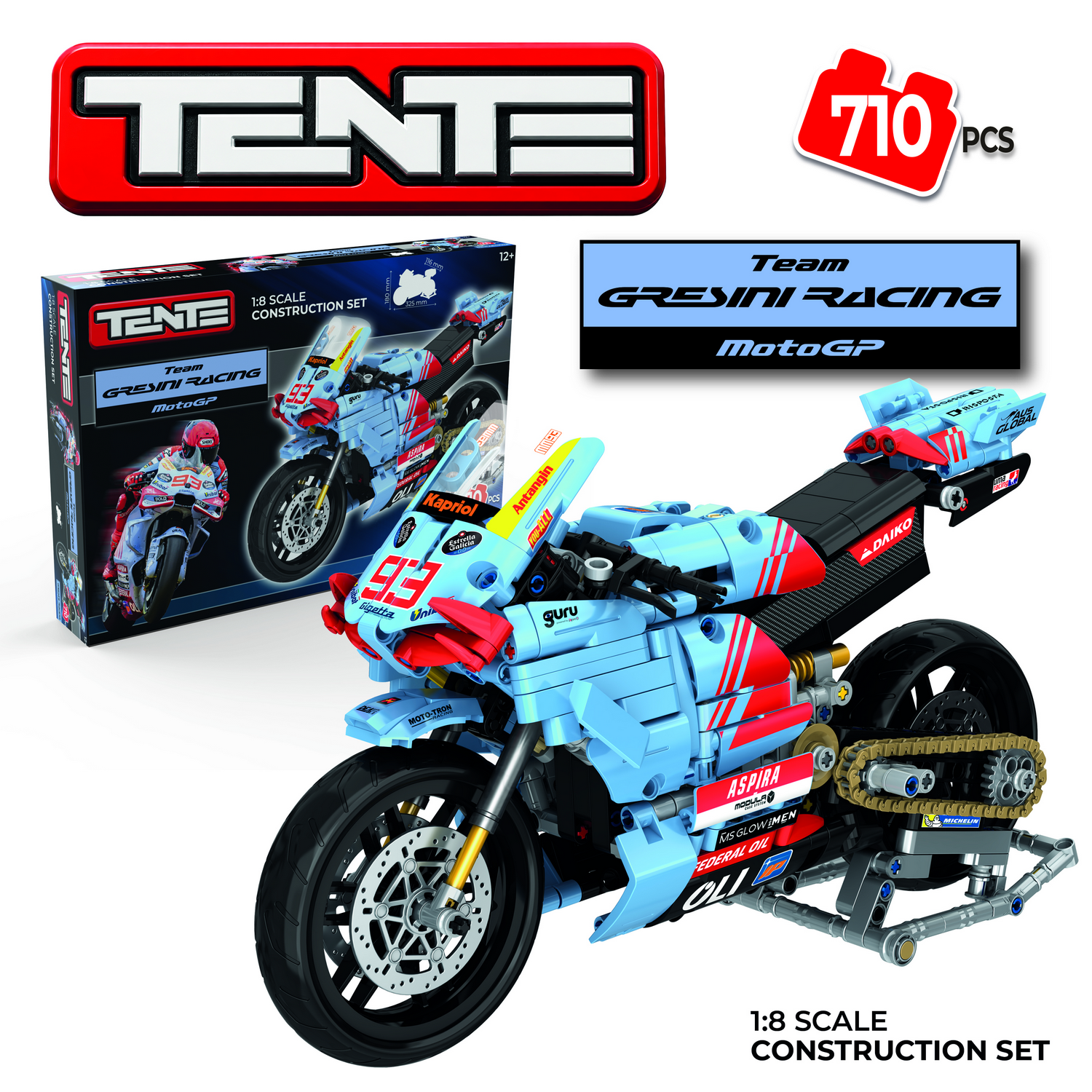 Juego - Meridiem Tente Tente MotoGP Greseni Legend Marc Márquez, Suspensión delantera y trasera real con efecto amortiguación, 33 cm de ancho