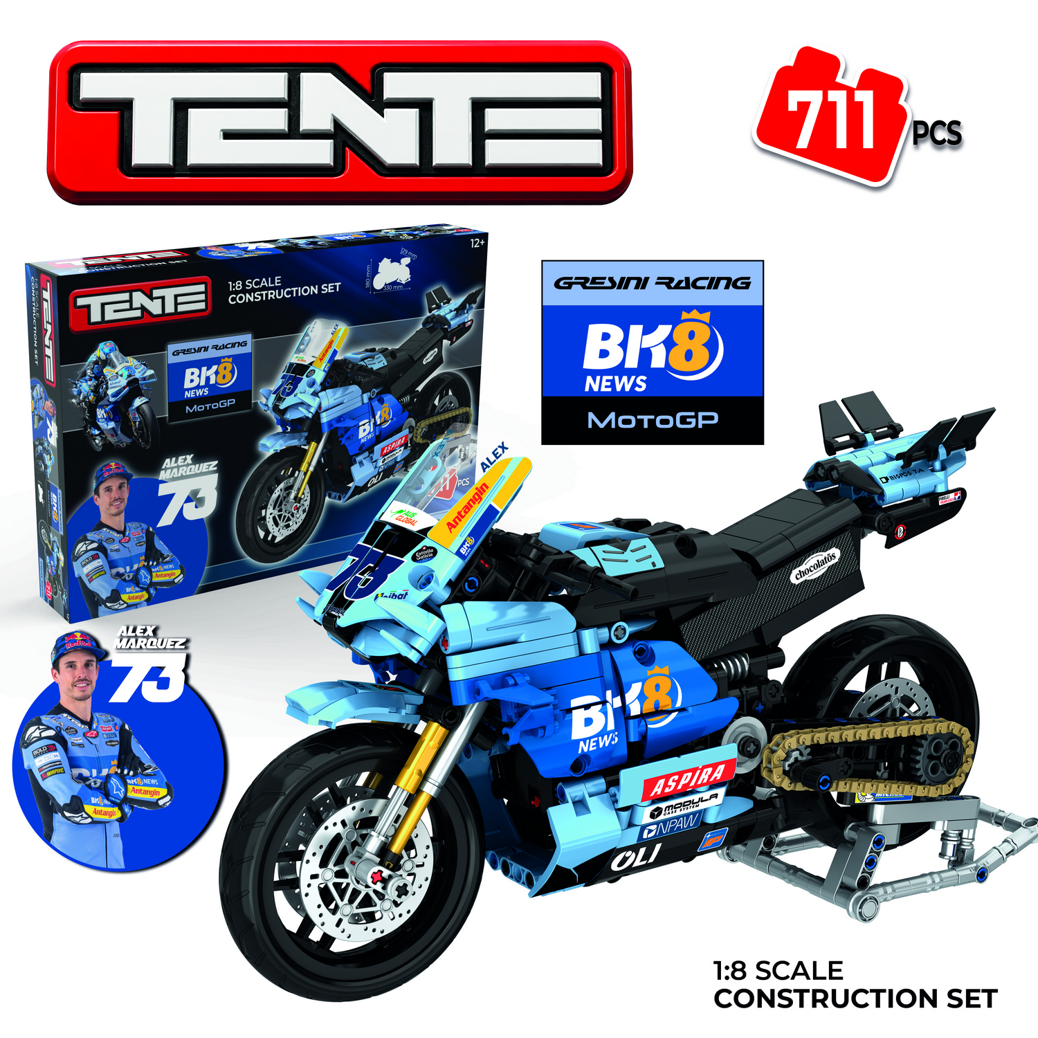 Juego - Meridiem Tente MotoGP Greseni Racing Alex Márquez, Suspensión delantera y trasera real con efecto amortiguación, 33 cm de ancho