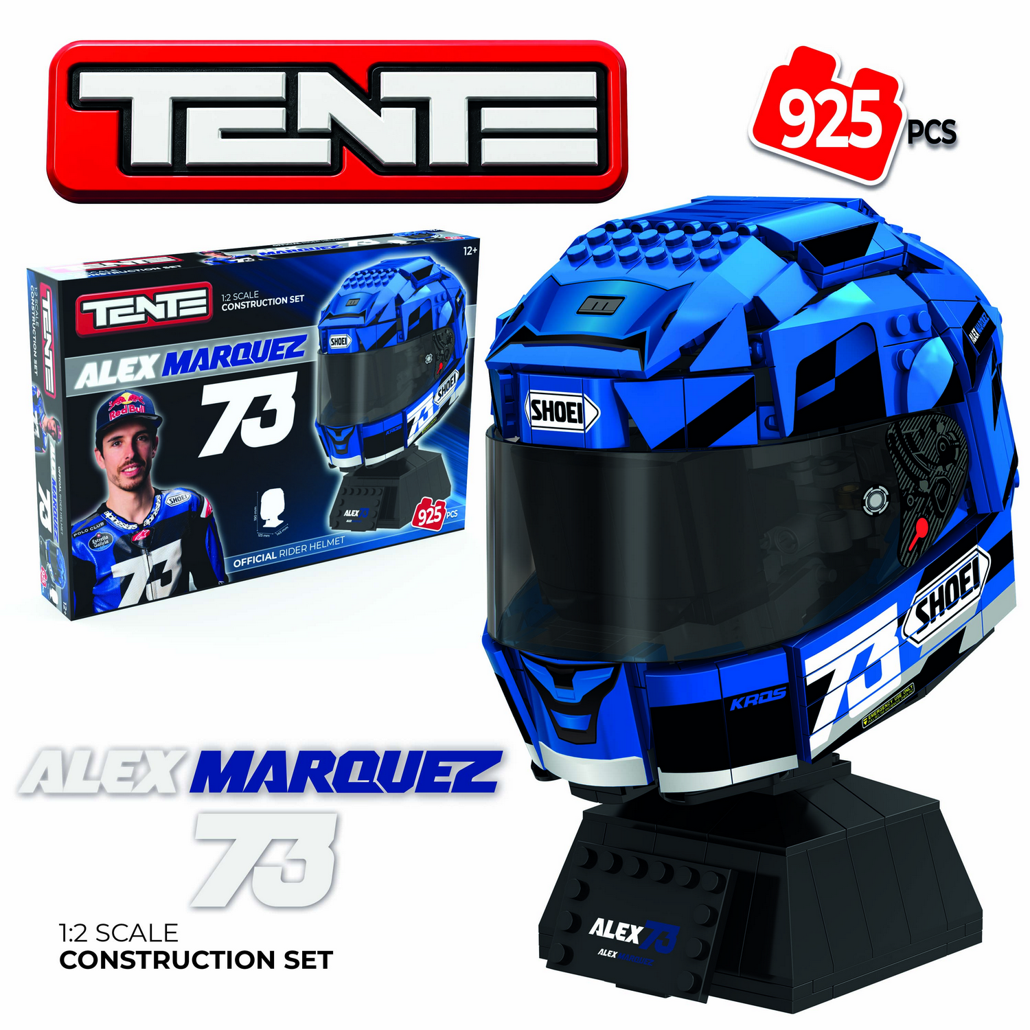 Juego - Meridiem Tente Casco Alex Marquez, Visera traslúcida, Base expositora, Placa identificativa piloto, 19 cm de alto