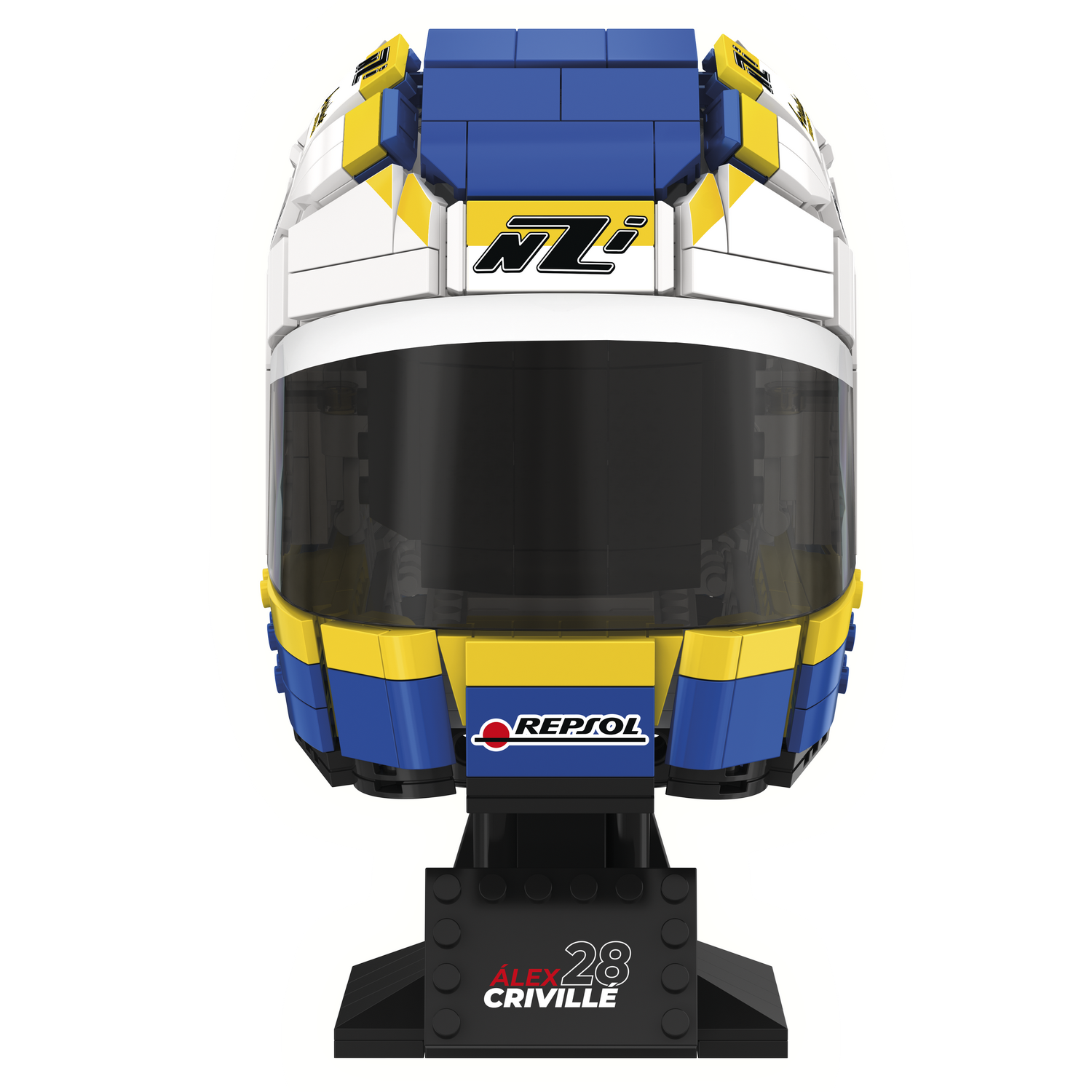 Juego - Meridiem Tente Casco Alex Criville, Visera traslúcida, Base expositora, Placa identificativa piloto, 18 cm de alto