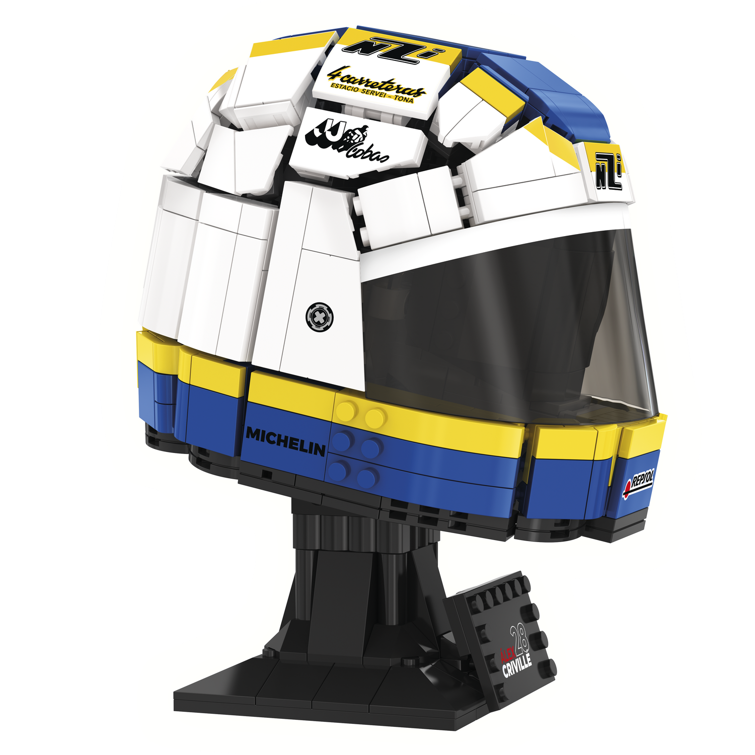 Juego - Meridiem Tente Casco Alex Criville, Visera traslúcida, Base expositora, Placa identificativa piloto, 18 cm de alto