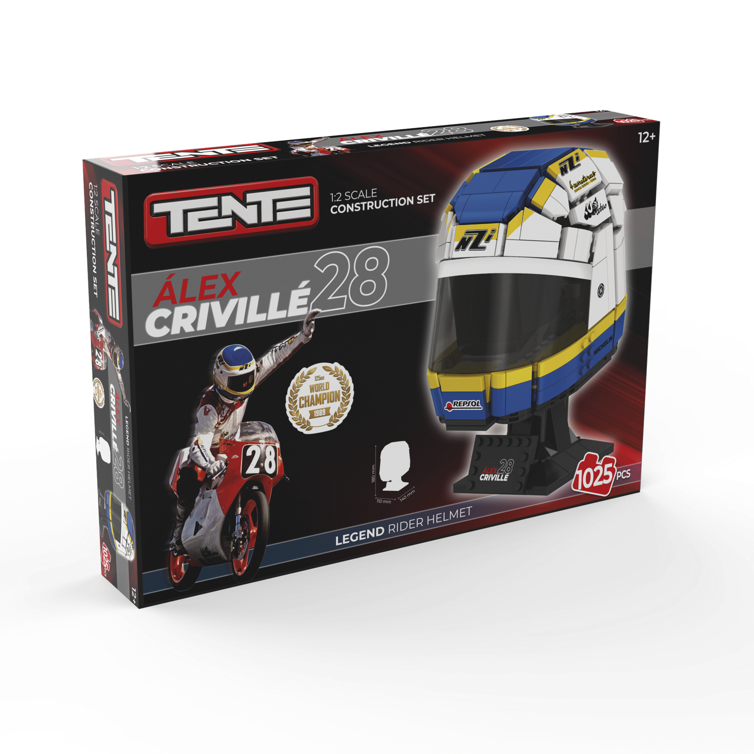 Juego - Meridiem Tente Casco Alex Criville, Visera traslúcida, Base expositora, Placa identificativa piloto, 18 cm de alto