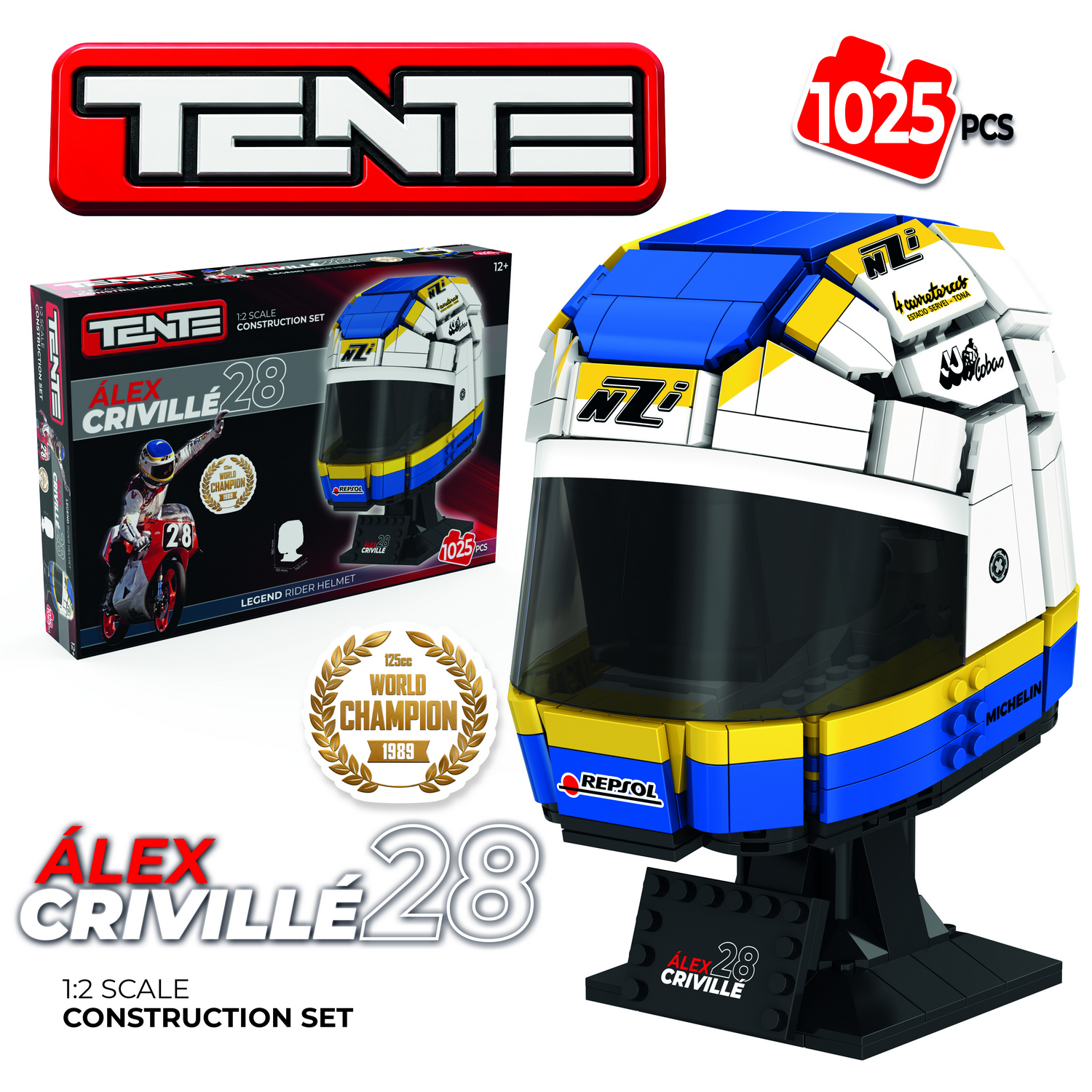 Juego - Meridiem Tente Casco Alex Criville, Visera traslúcida, Base expositora, Placa identificativa piloto, 18 cm de alto
