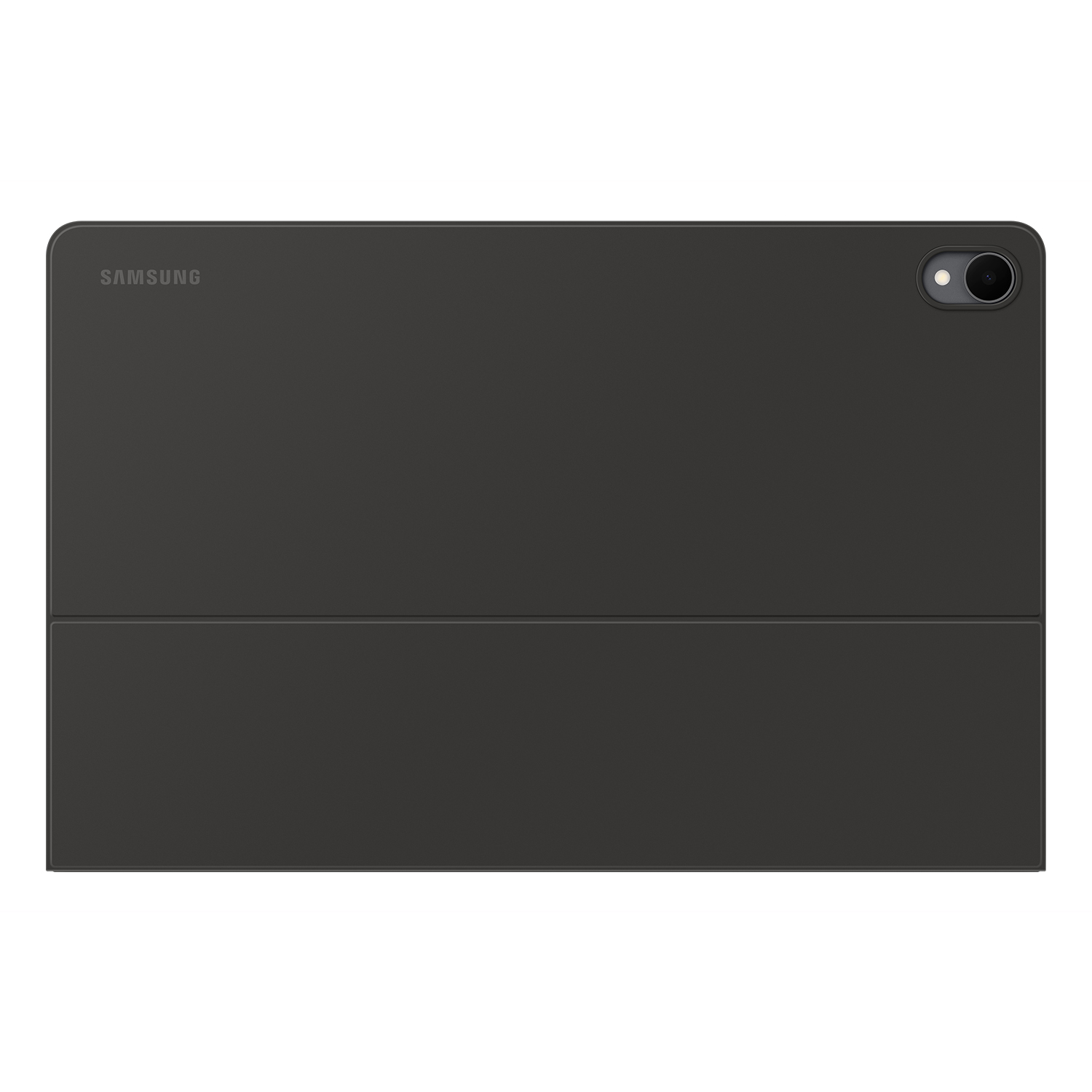 Vista trasera de una tableta Samsung gris oscuro en una funda protectora, con la cámara y el logotipo.