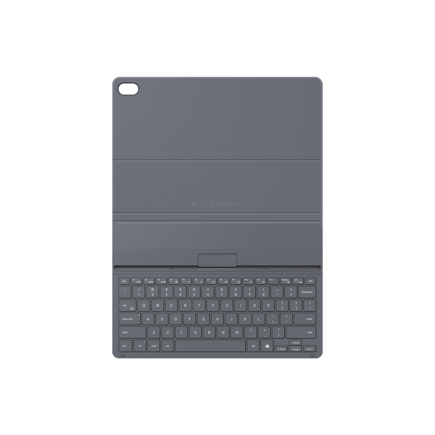 Funda gris para tablet con teclado QWERTY integrado sobre fondo blanco.