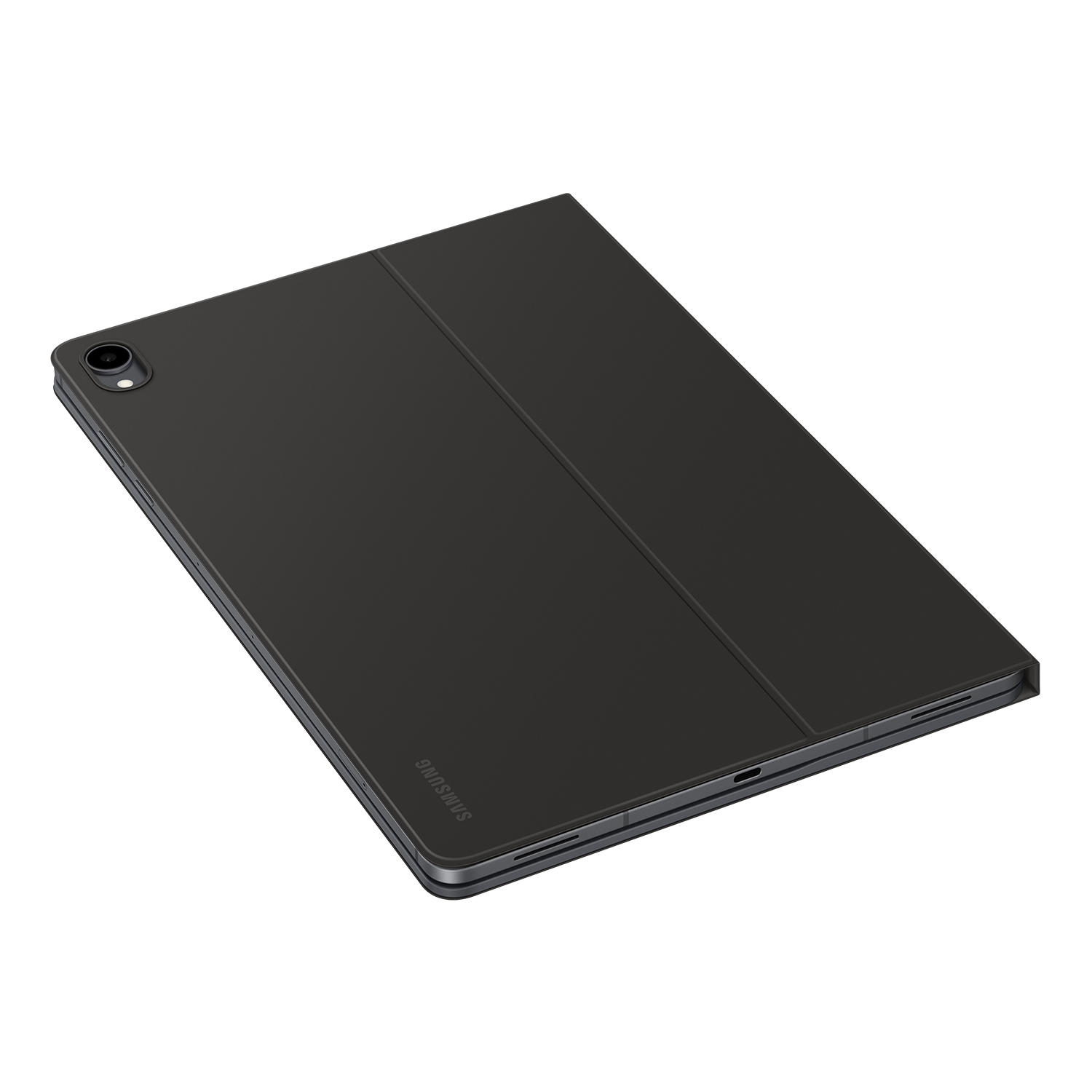 Una tableta Samsung negra con funda protectora sobre fondo blanco.