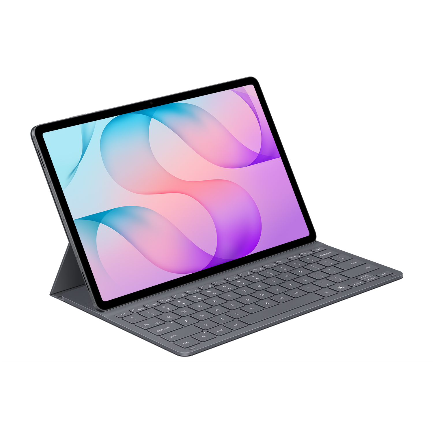 Una tableta gris con un fondo abstracto colorido conectada a una funda con teclado a juego sobre fondo blanco.