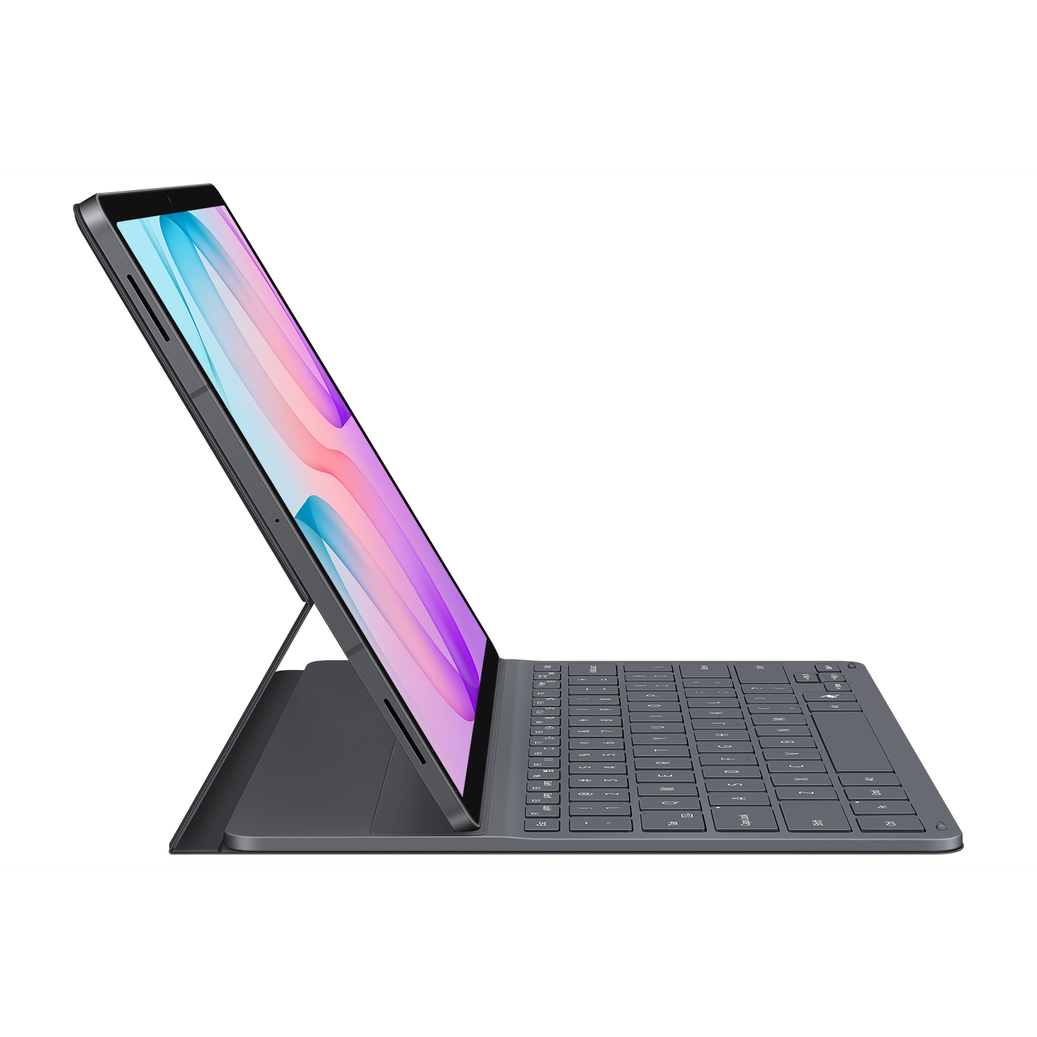 Vista lateral de una tablet gris con funda de teclado y colores abstractos en la pantalla.