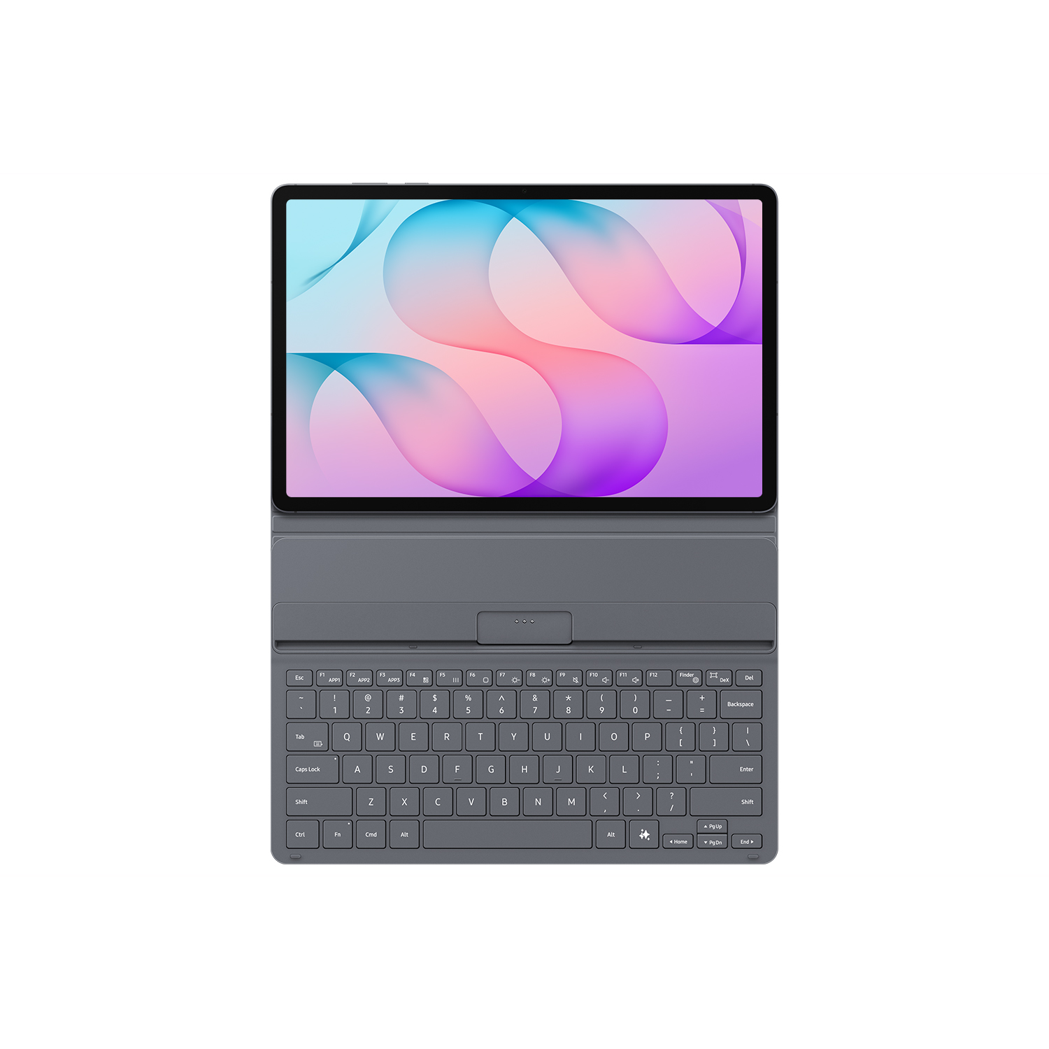 Una tableta gris con fondo colorido y teclado acoplado sobre un fondo blanco.