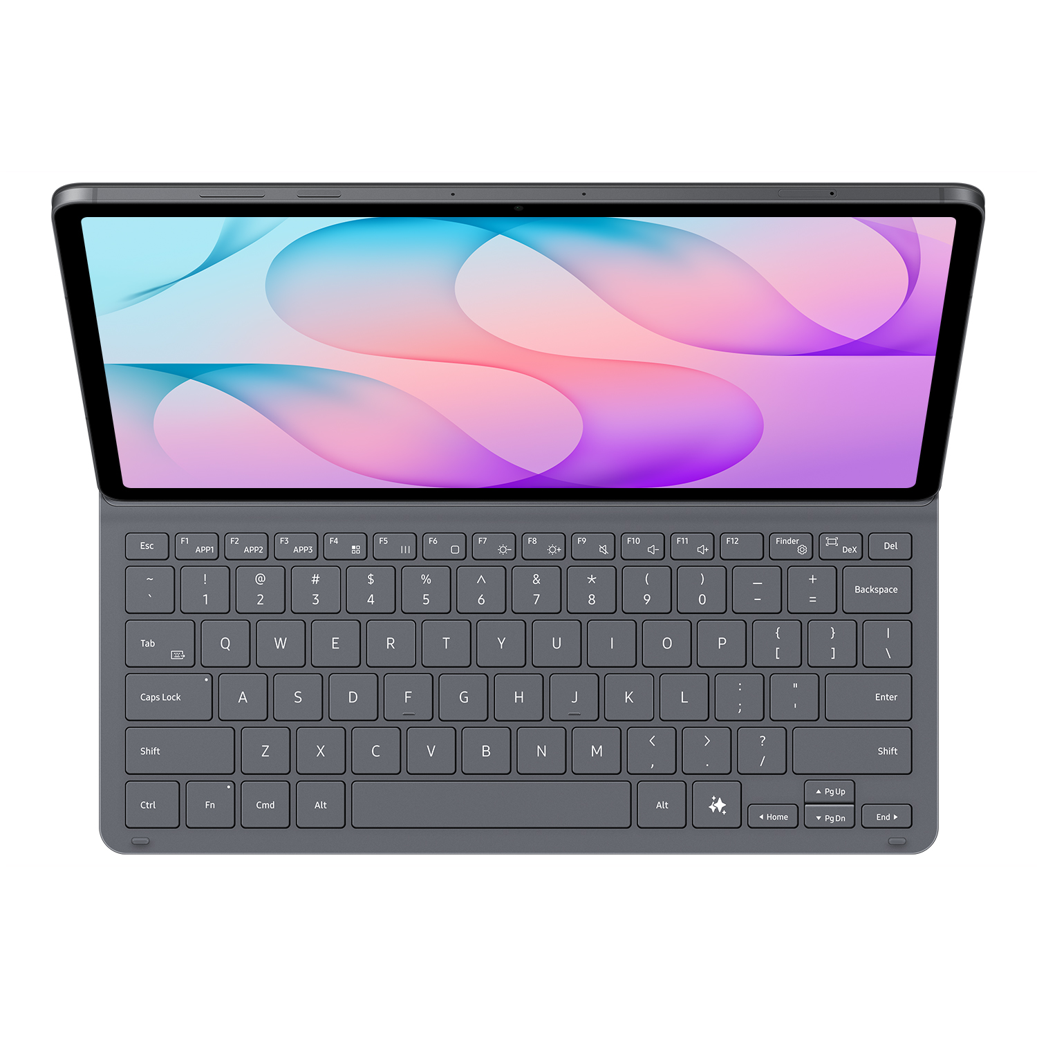 Una tableta gris con gráficos abstractos de colores y un teclado adjunto.