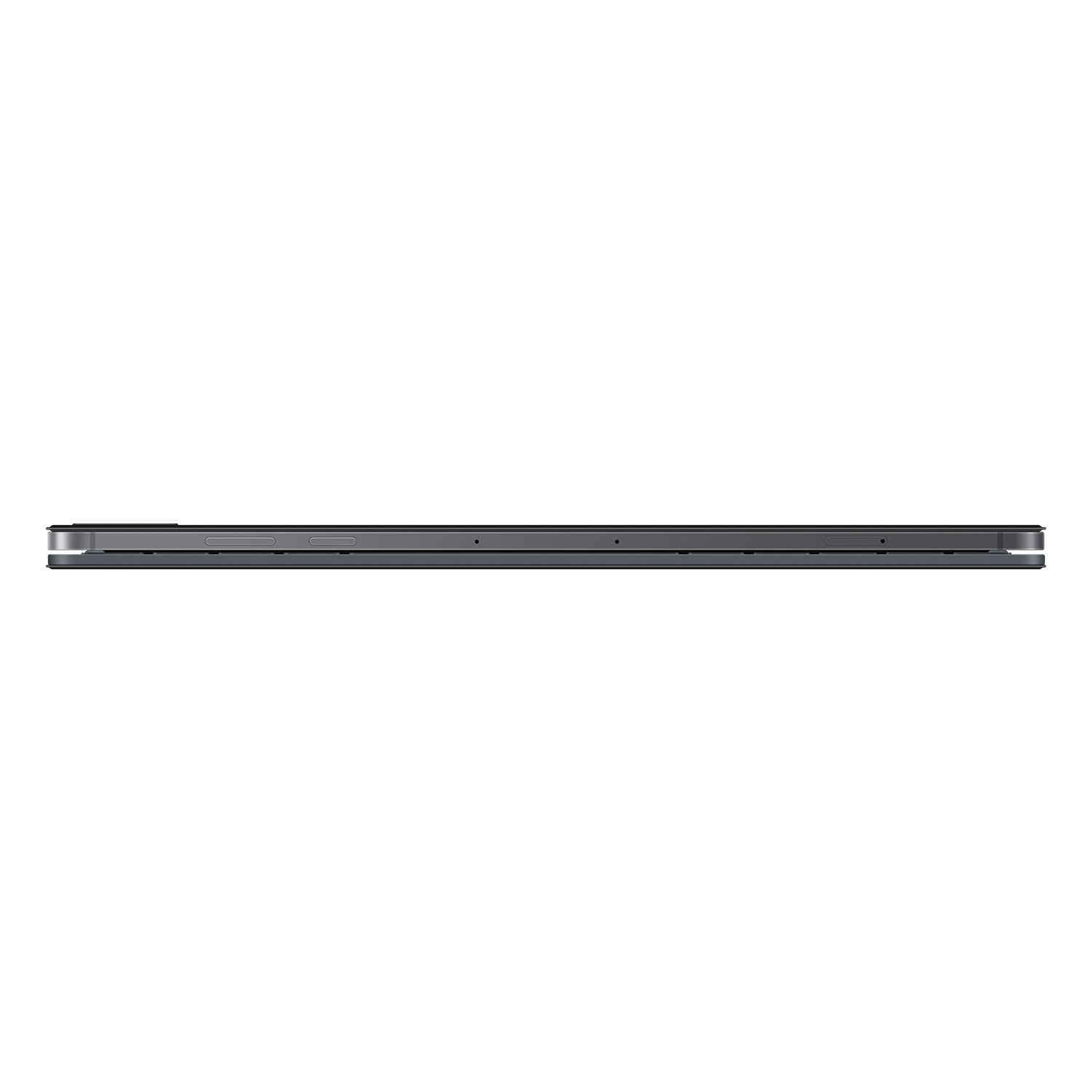 Una elegante tableta gris oscuro vista de perfil, mostrando botones y puertos en su borde metálico.