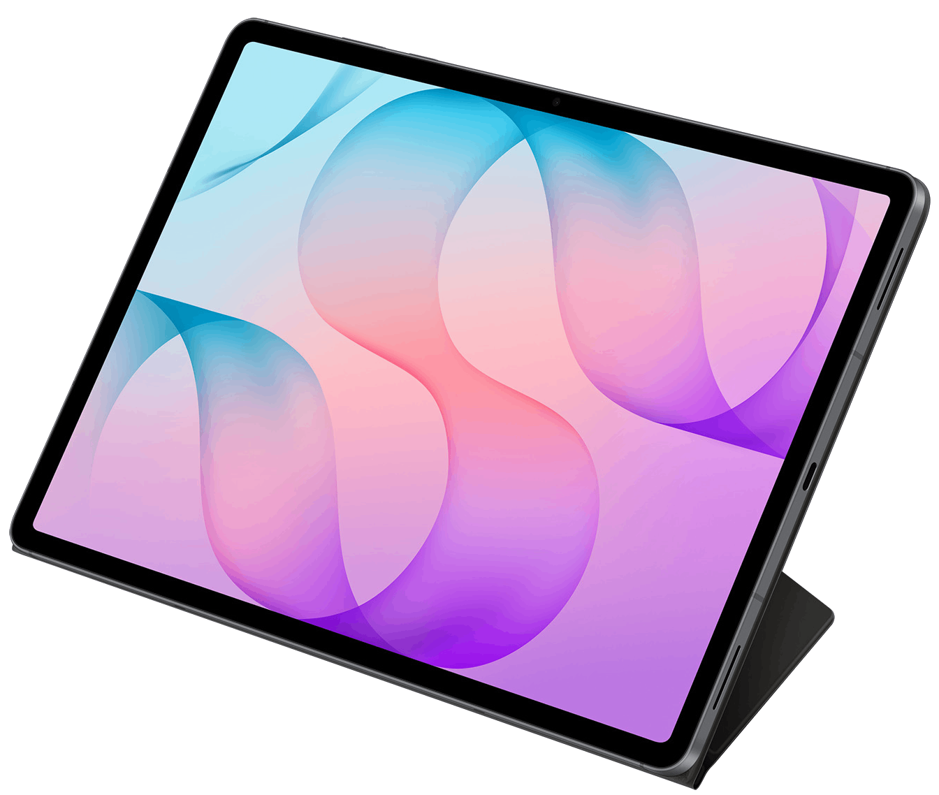 Una tablet con un fondo abstracto colorido en su pantalla descansa sobre una superficie oscura.
