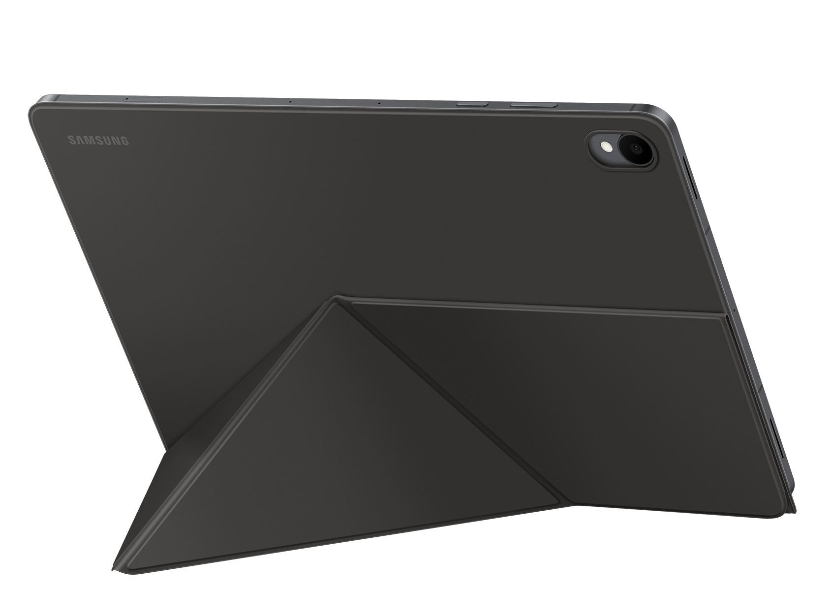 Tableta Samsung gris oscuro apoyada en soporte plegable sobre fondo negro.