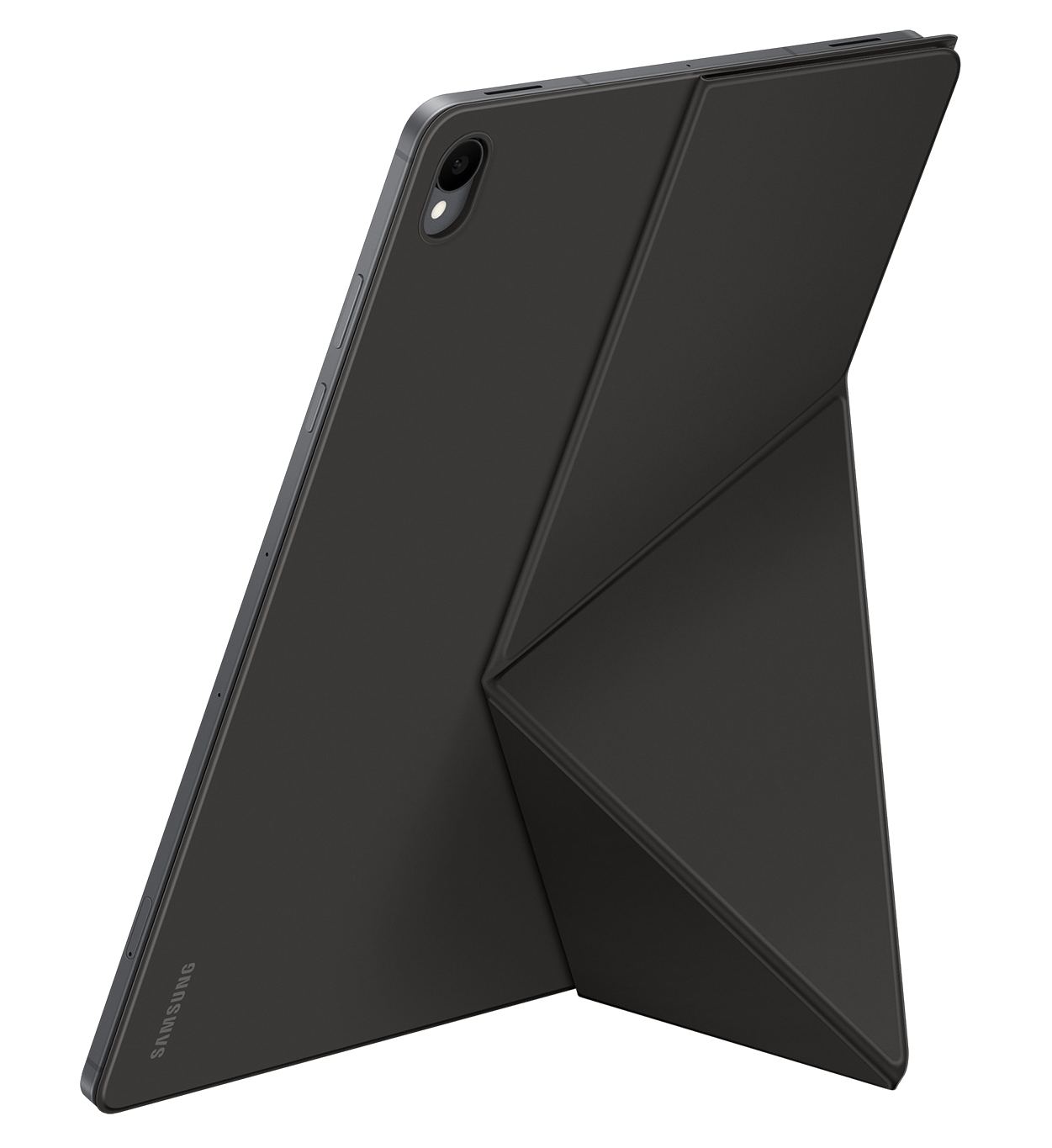 Una tablet gris de Samsung se mantiene vertical sobre una superficie oscura, apoyada por una funda doblada.