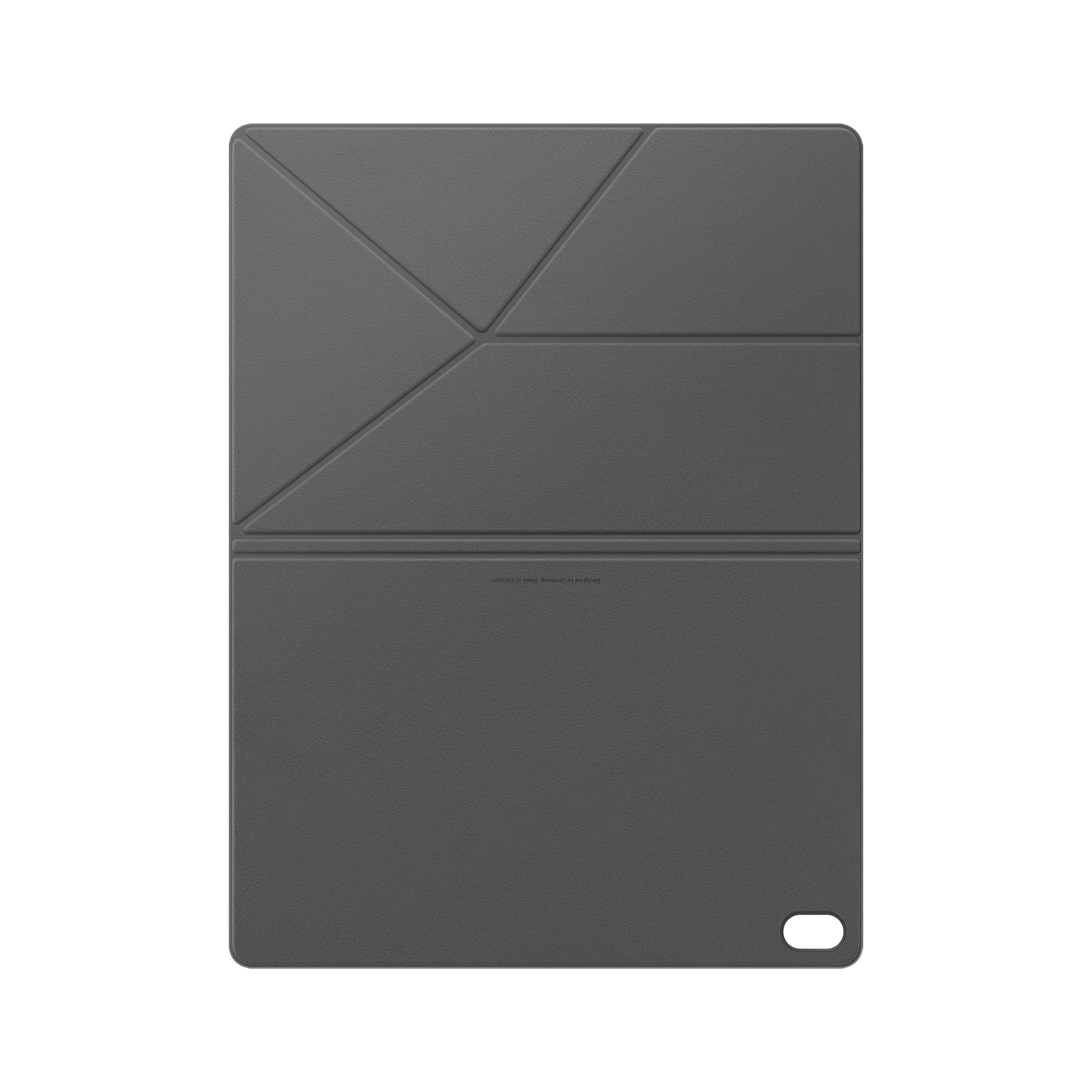 Una funda gris para tablet con líneas geométricas en el frente sobre un fondo negro.