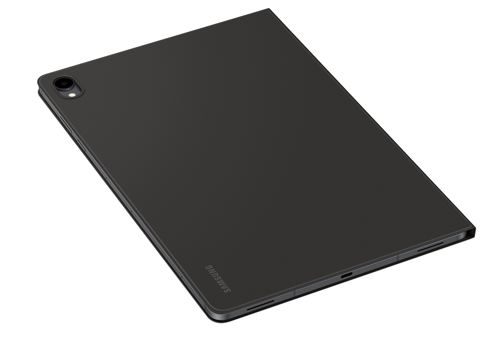Una tablet Samsung negra con funda sobre un fondo negro.