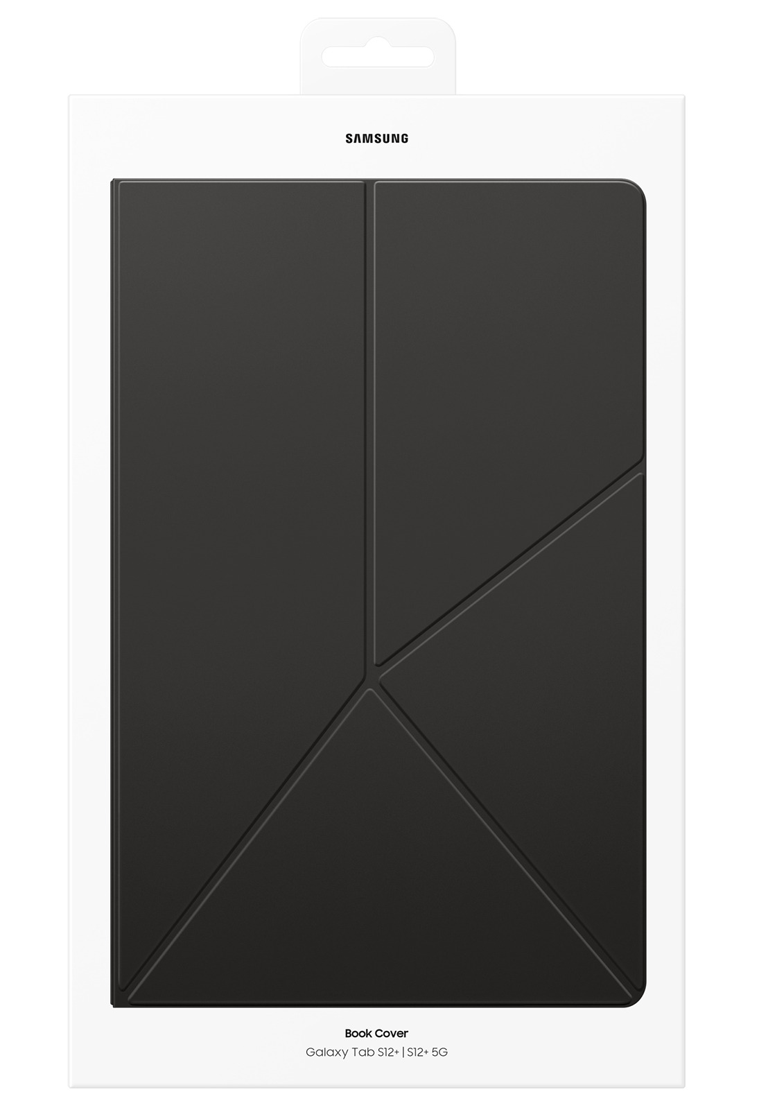Una funda tipo libro negra Samsung Galaxy Tab S12+ en su caja blanca.