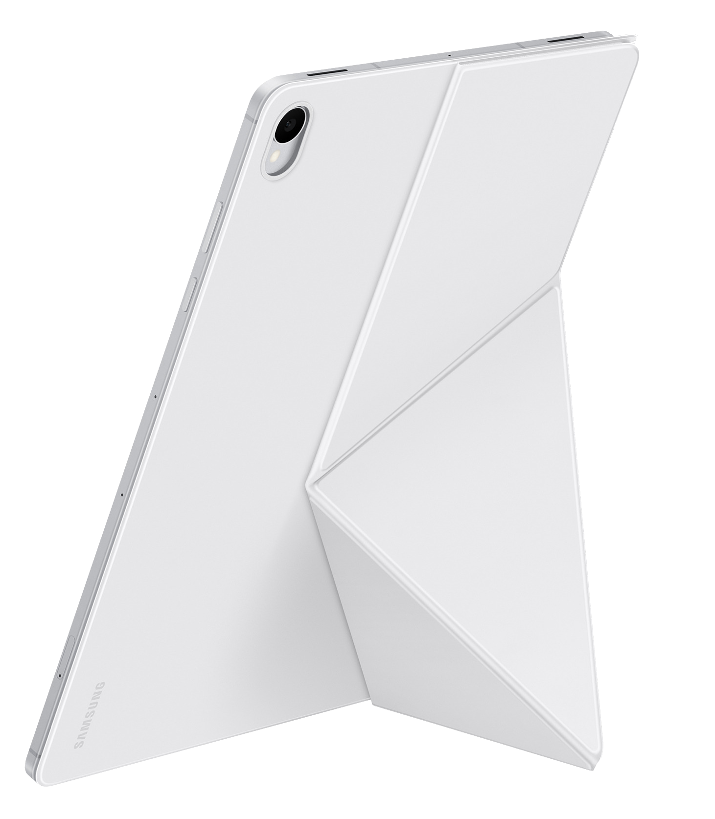 Una tablet Samsung blanca en una funda protectora plegable sobre un fondo negro.