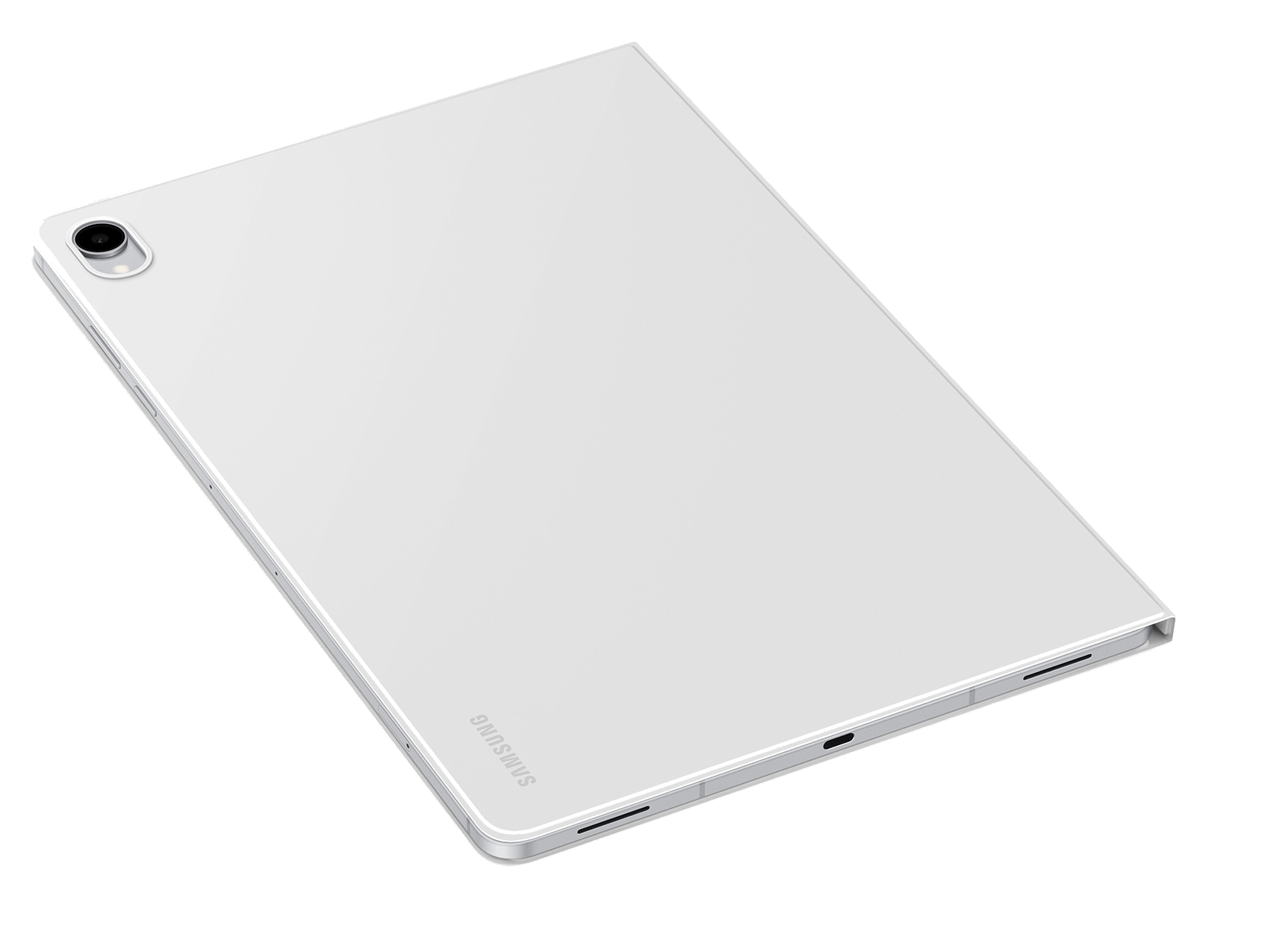 Una elegante tableta blanca de Samsung sobre fondo negro, vista desde atrás con la lente de la cámara visible.