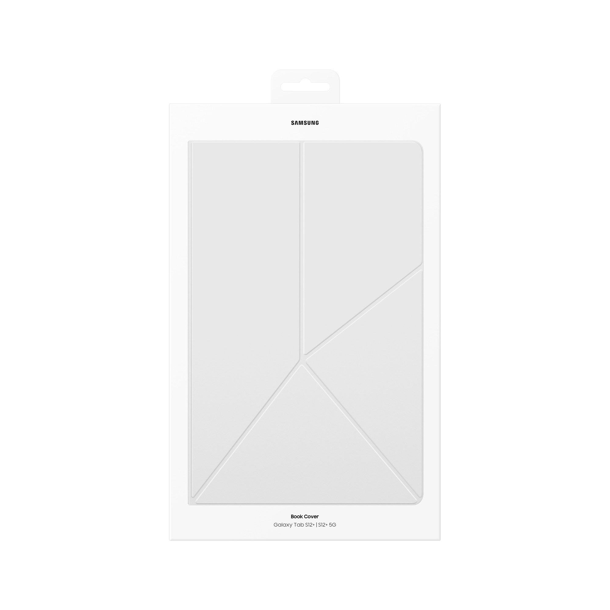 Un empaque blanco de Samsung Book Cover para Galaxy Tab S12+, con líneas de pliegue geométricas al frente.