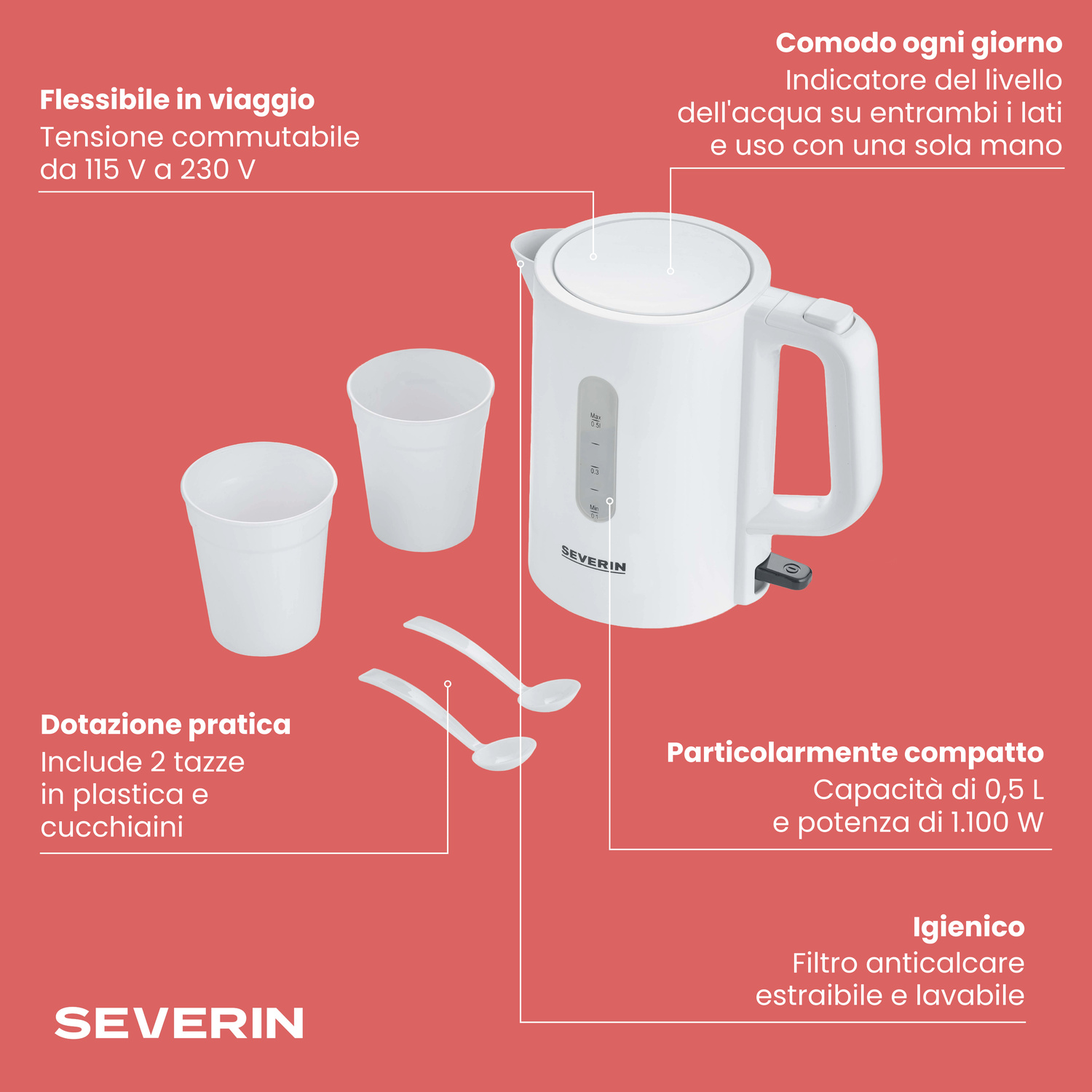 Bollitore da viaggio bianco con due tazze, cucchiai e testo su sfondo rosso.