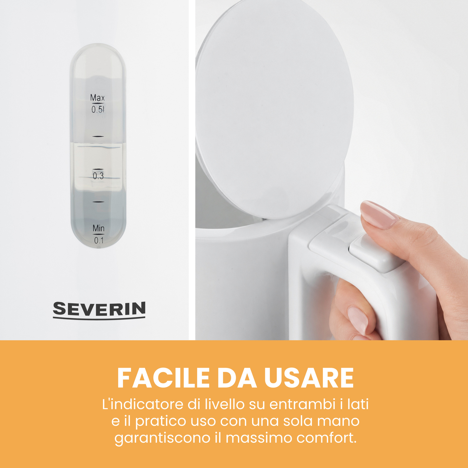 Una mano apre il coperchio di un bollitore bianco con indicatore.