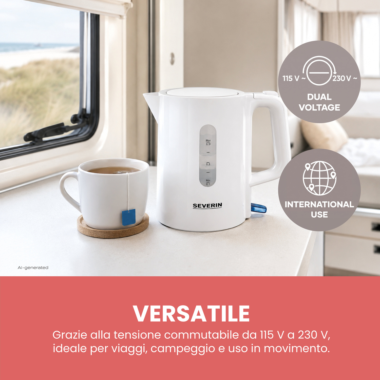 Bollitore da viaggio bianco e tazza di tè su un bancone in camper, con vista dalla finestra.