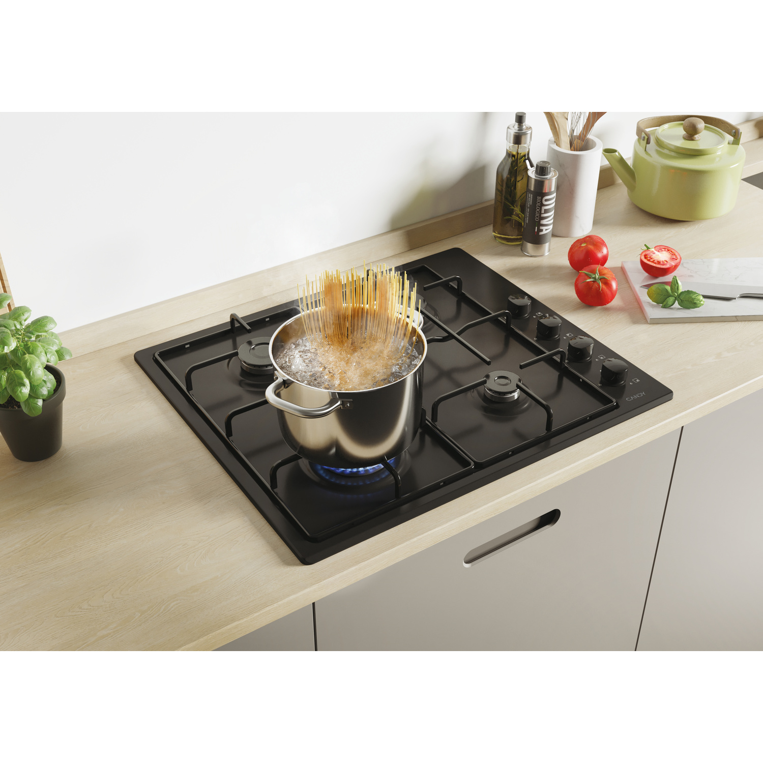 CANDY CHW6LBB PIANO COTTURA GAS, 4 zone di cottura, dimensioni: L 59,5 cm, P 51 cm, piano in Acciaio, Nero