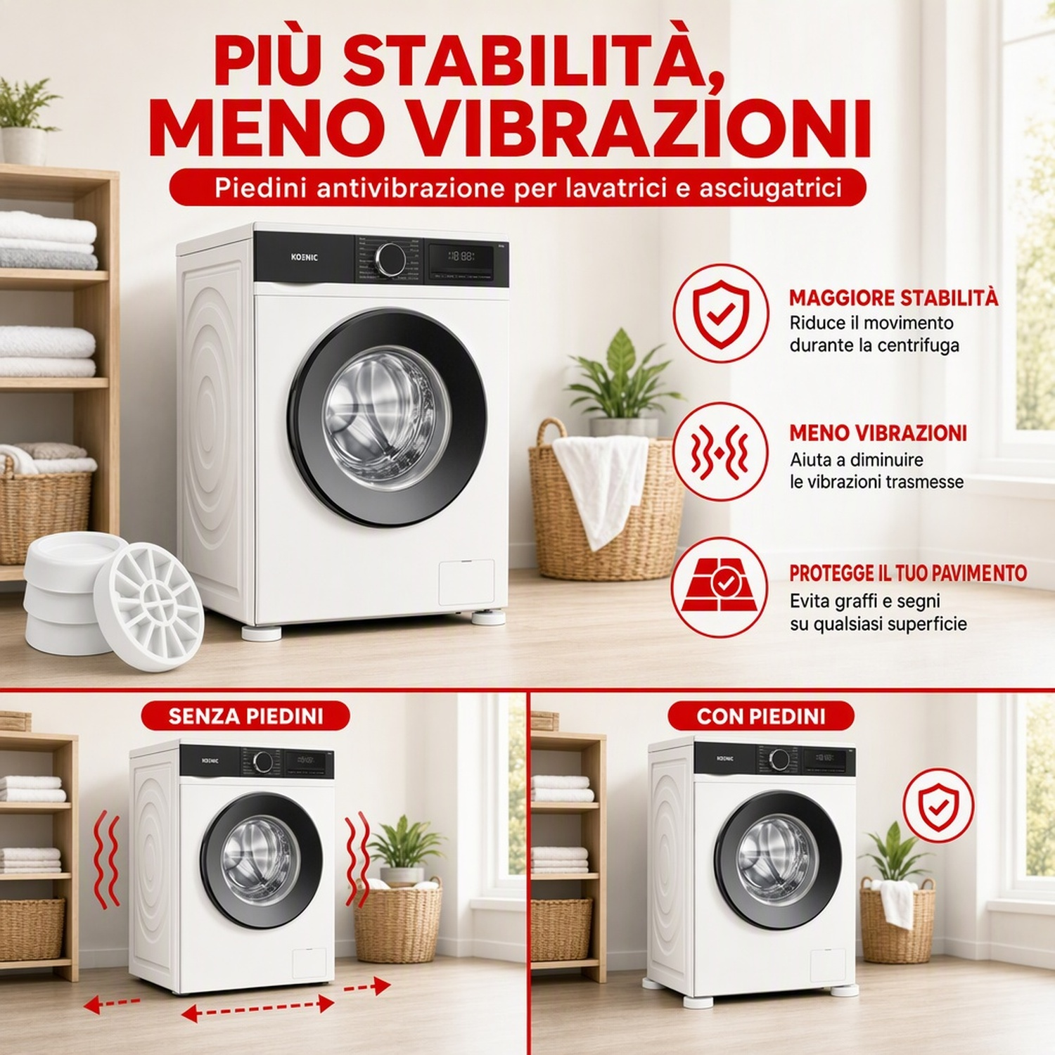 SET PIEDINI ANTI VIBRAZIONE UNIVERSALI PER LAVATRICI, KOENIC, PVC, MAX 300KG 