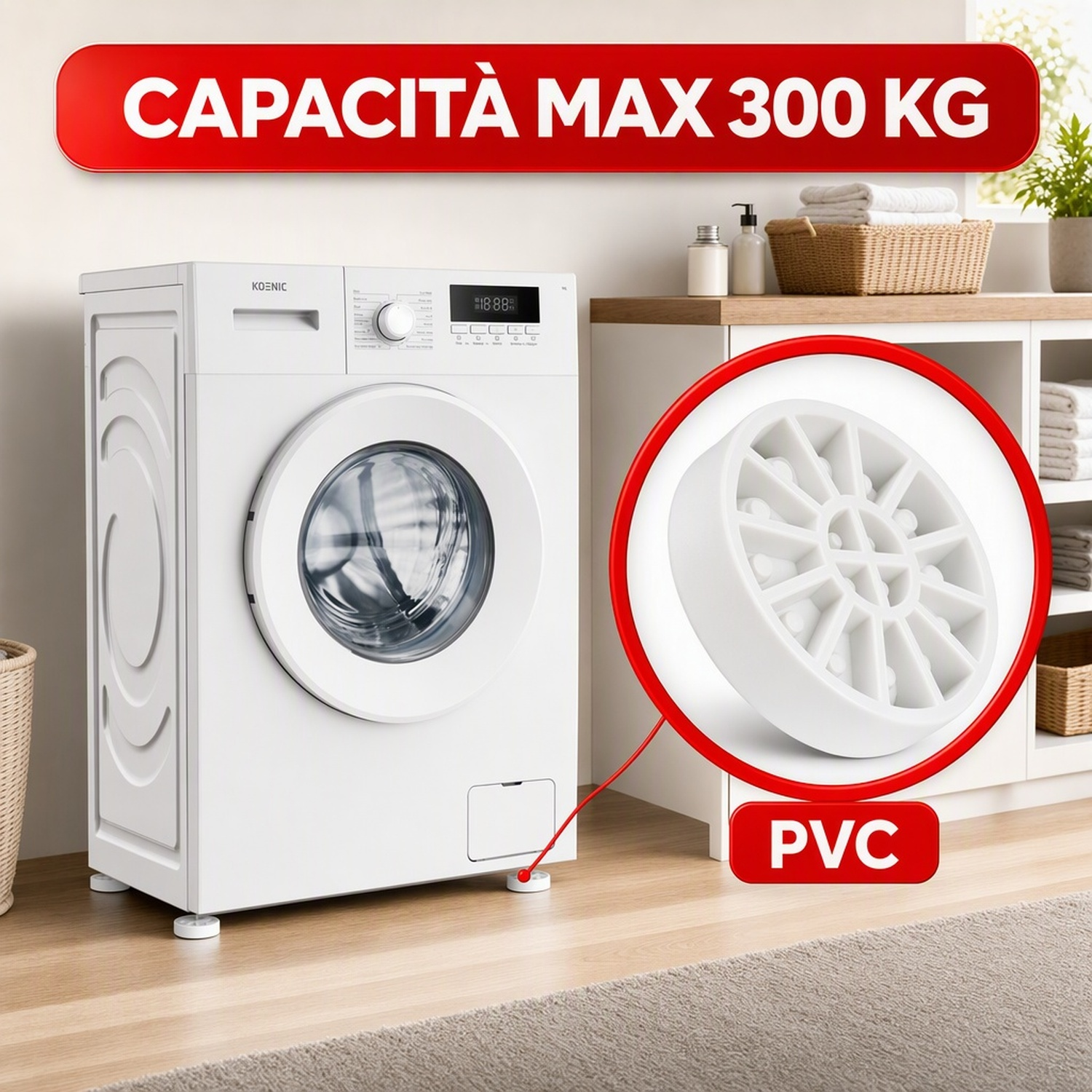 SET PIEDINI ANTI VIBRAZIONE UNIVERSALI PER LAVATRICI, KOENIC, PVC, MAX 300KG 