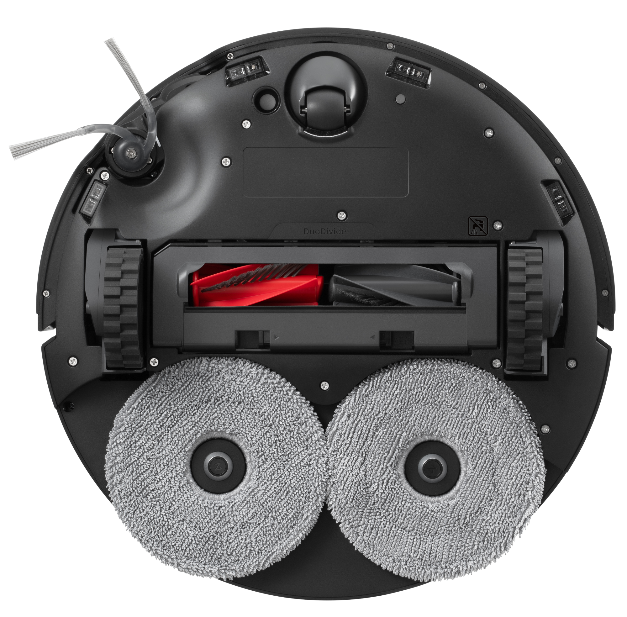 Egy fekete robotporszívó alja két kerek felmosópárnával, kefékkel és kerekekkel.