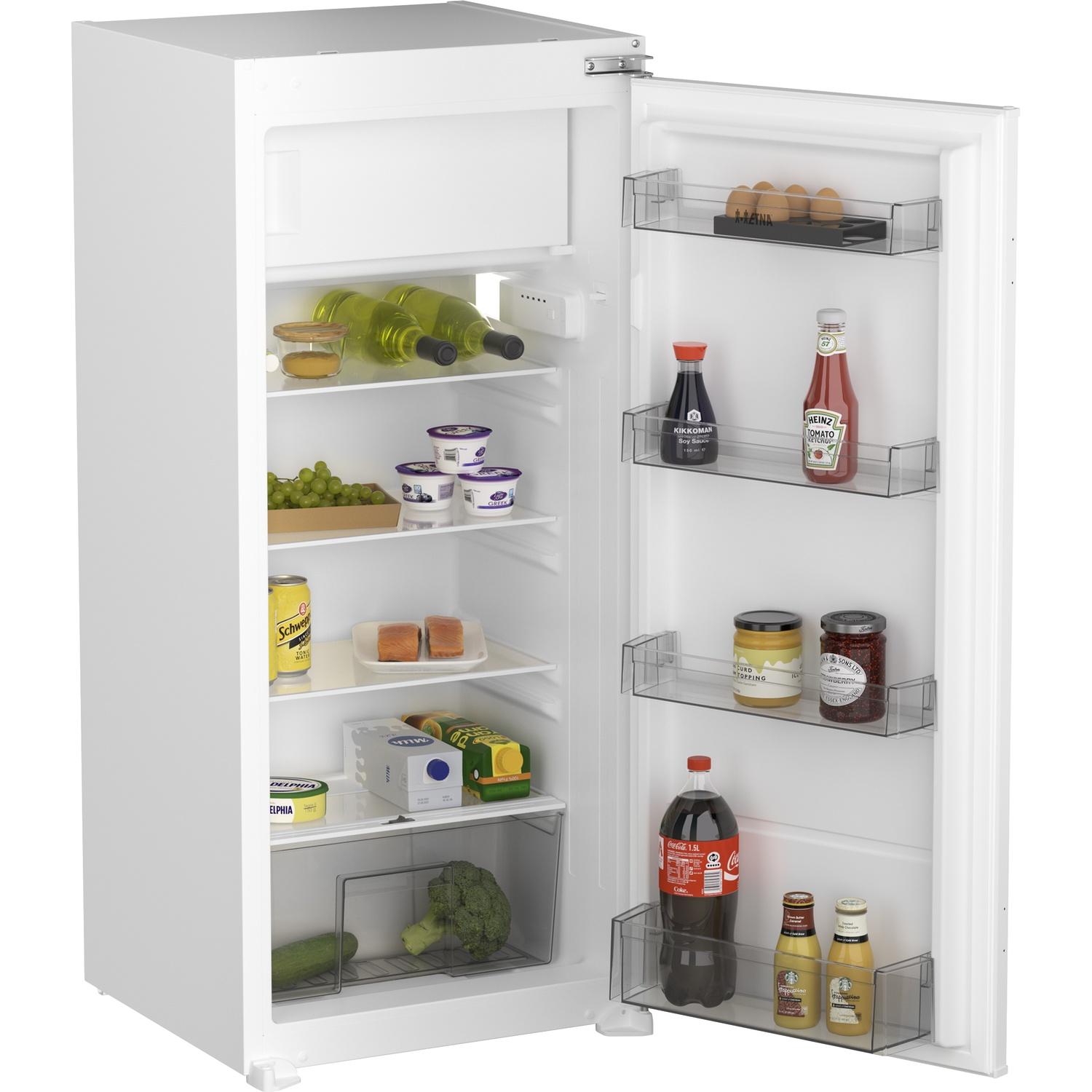 White refrigerator with open door, filled with food, bottles, yogurt, and vegetables on the shelves.