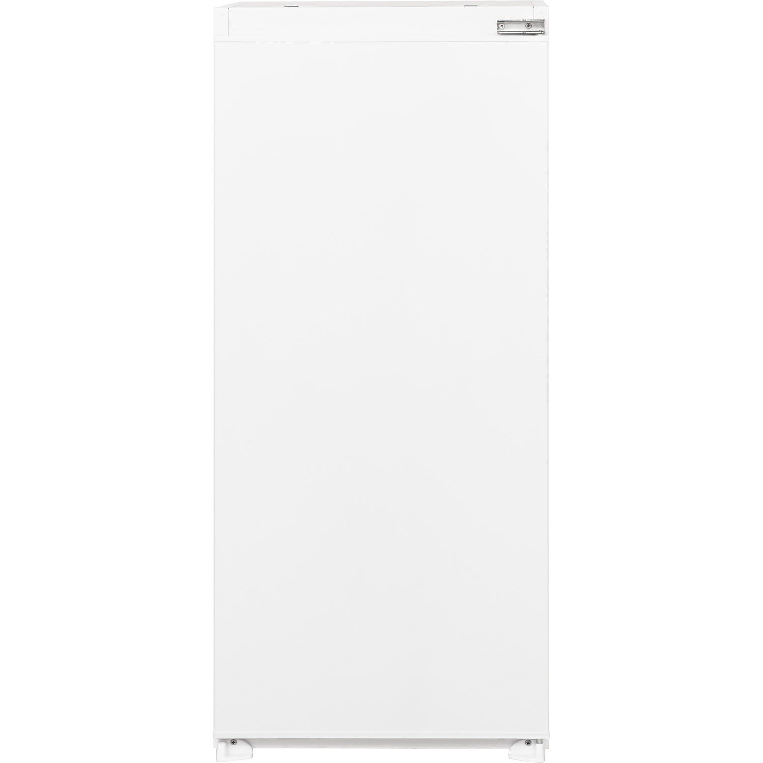 A plain white household refrigerator with a closed door.