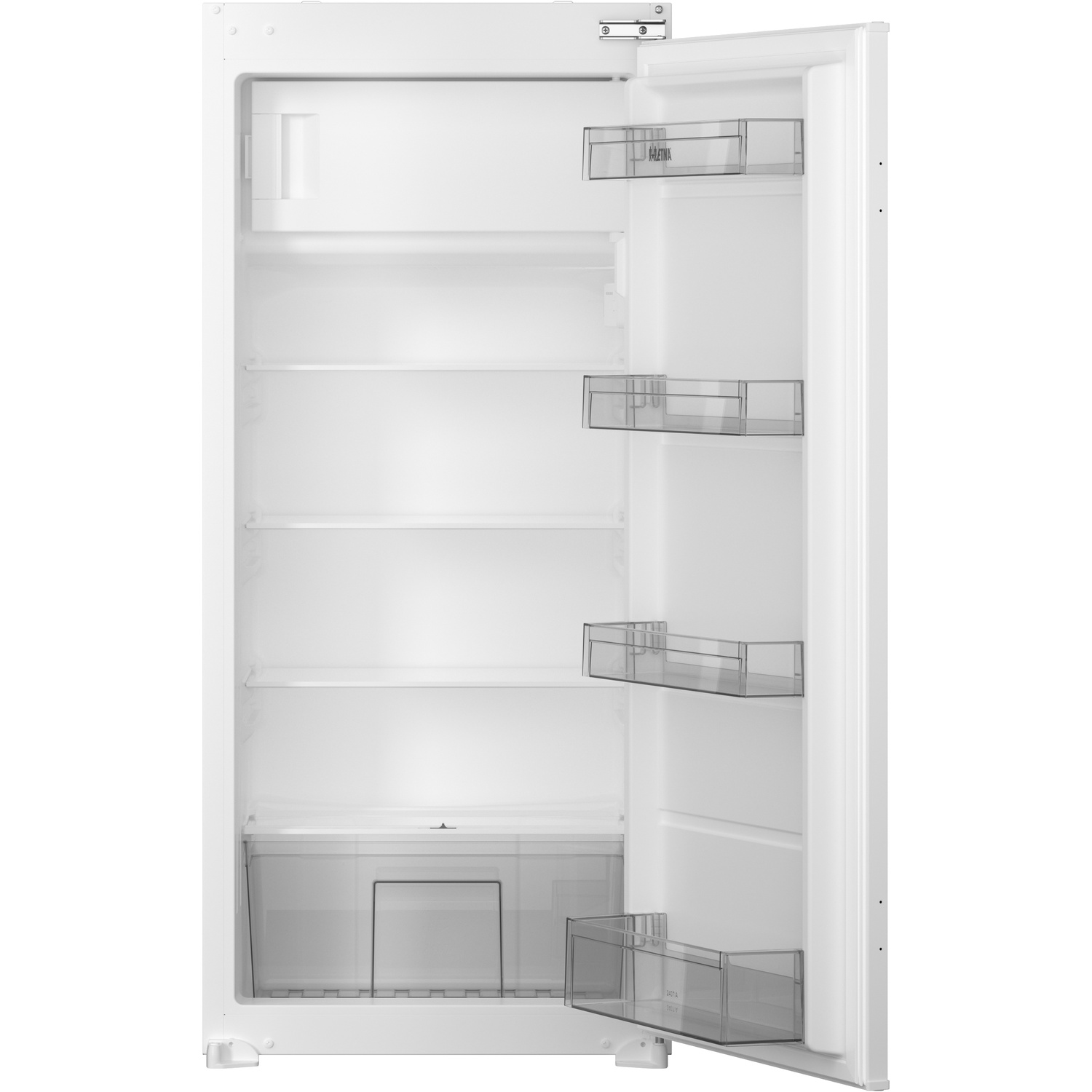A white refrigerator with its door open, showing empty glass shelves and transparent door bins.