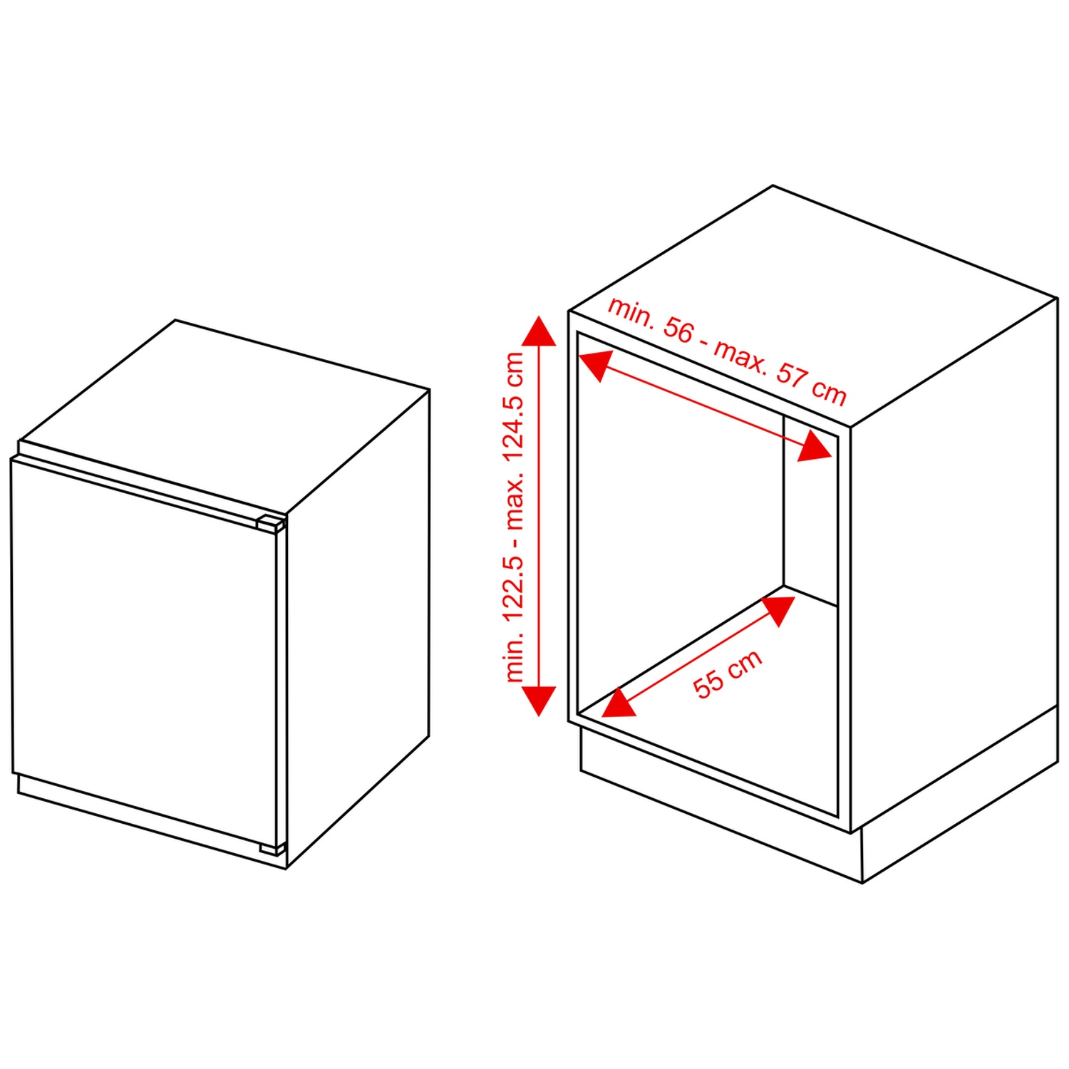 Technical drawing showing dimensional measurements for a built-in cabinet in centimeters.