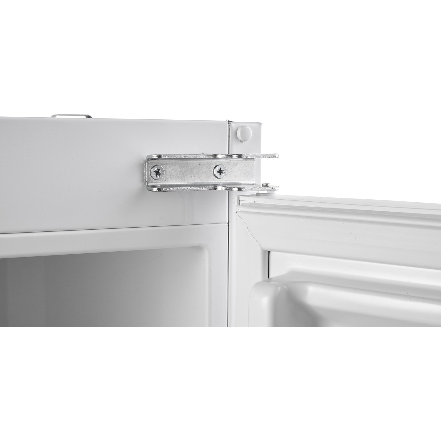 A silver metal hinge is attached to the top edge of a white refrigerator with two screws.