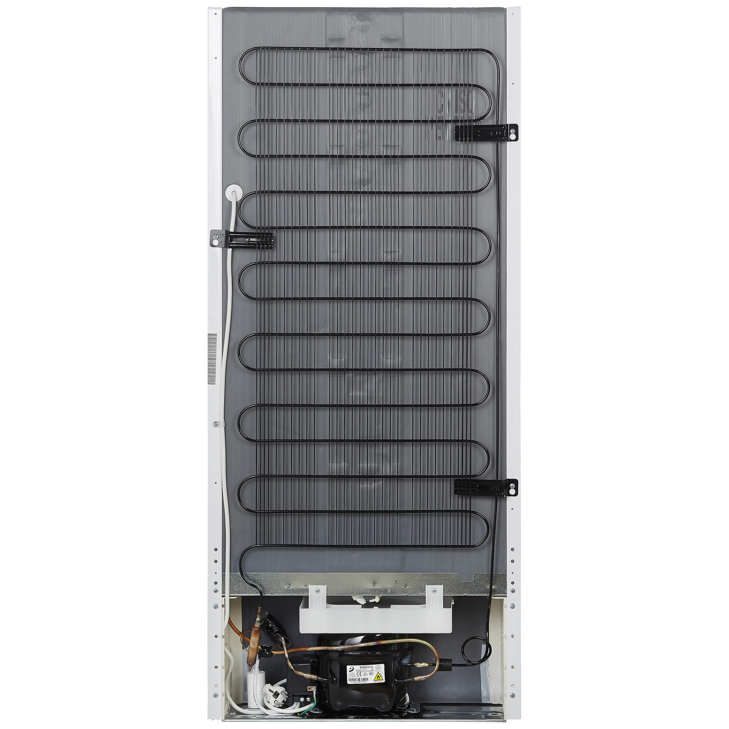 Rear view of a refrigerator showing black condenser coils and a compressor at the bottom.