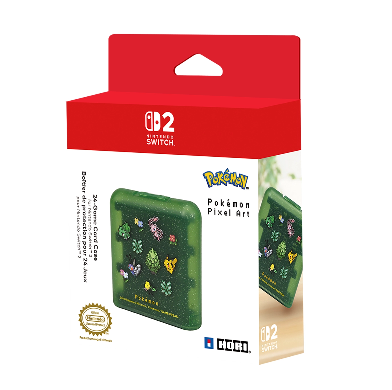 Empaque de producto rojo para un estuche de juegos verde de Nintendo Switch 2 con arte píxel de Pokémon.